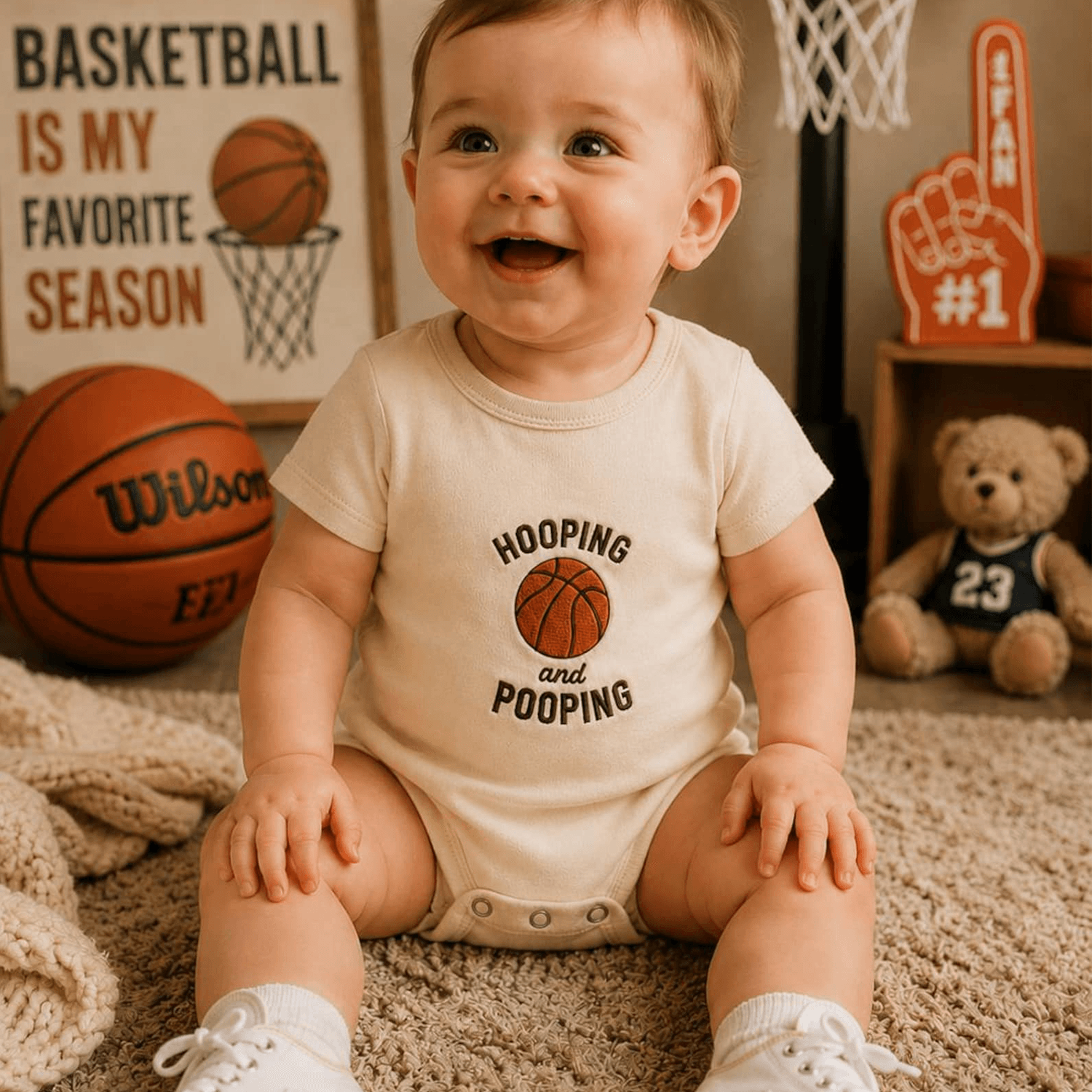 hooping and pooping embroidered baby romper, funny basketball baby gift, baby shower gift, newborn outfit