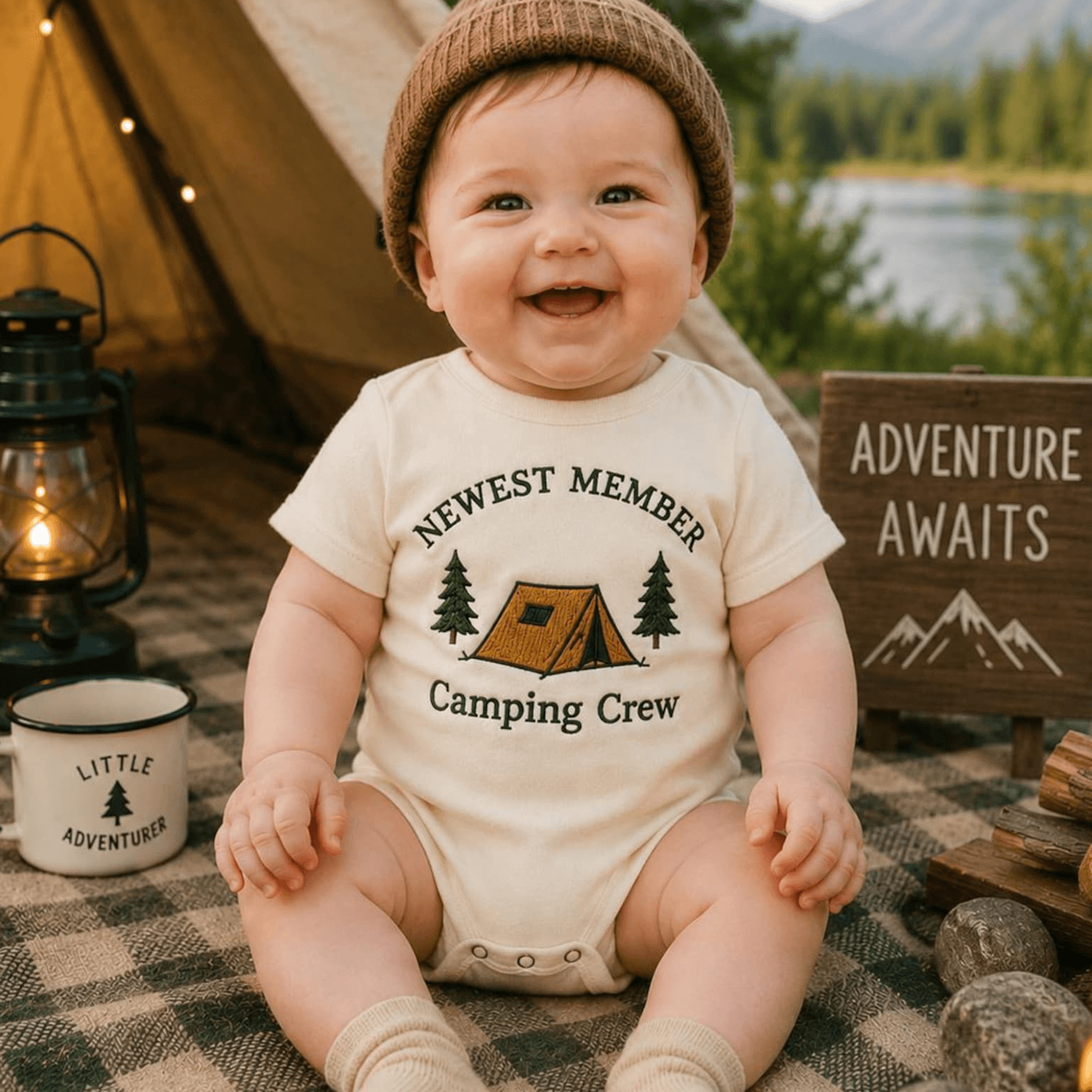 newest member camping crew embroidered baby romper, camping baby outfit, adventure newborn gift, nature onesie