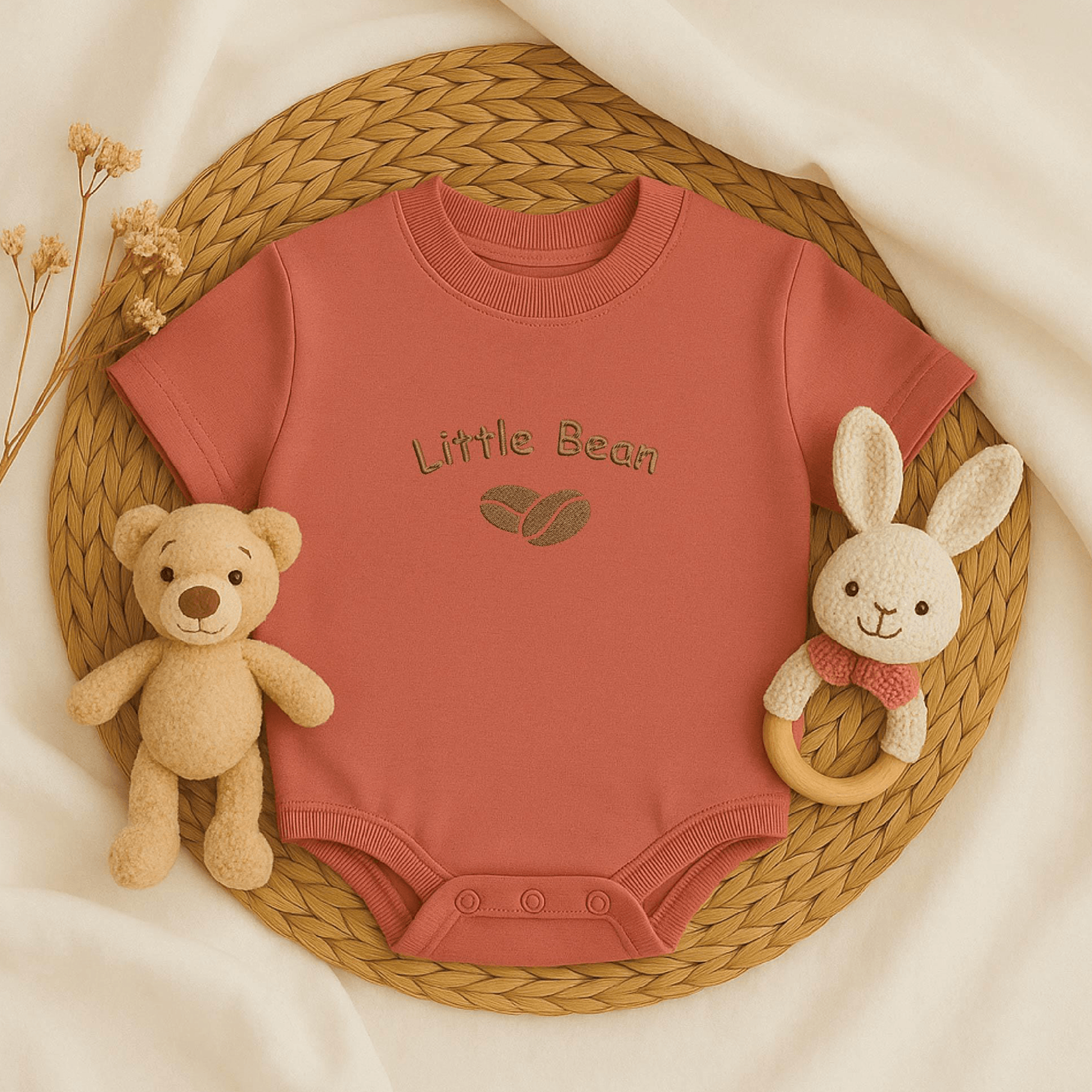 embroidered coffee bean baby romper, coffee lover baby outfit, newborn onesie, baby shower gift, cute baby clothes