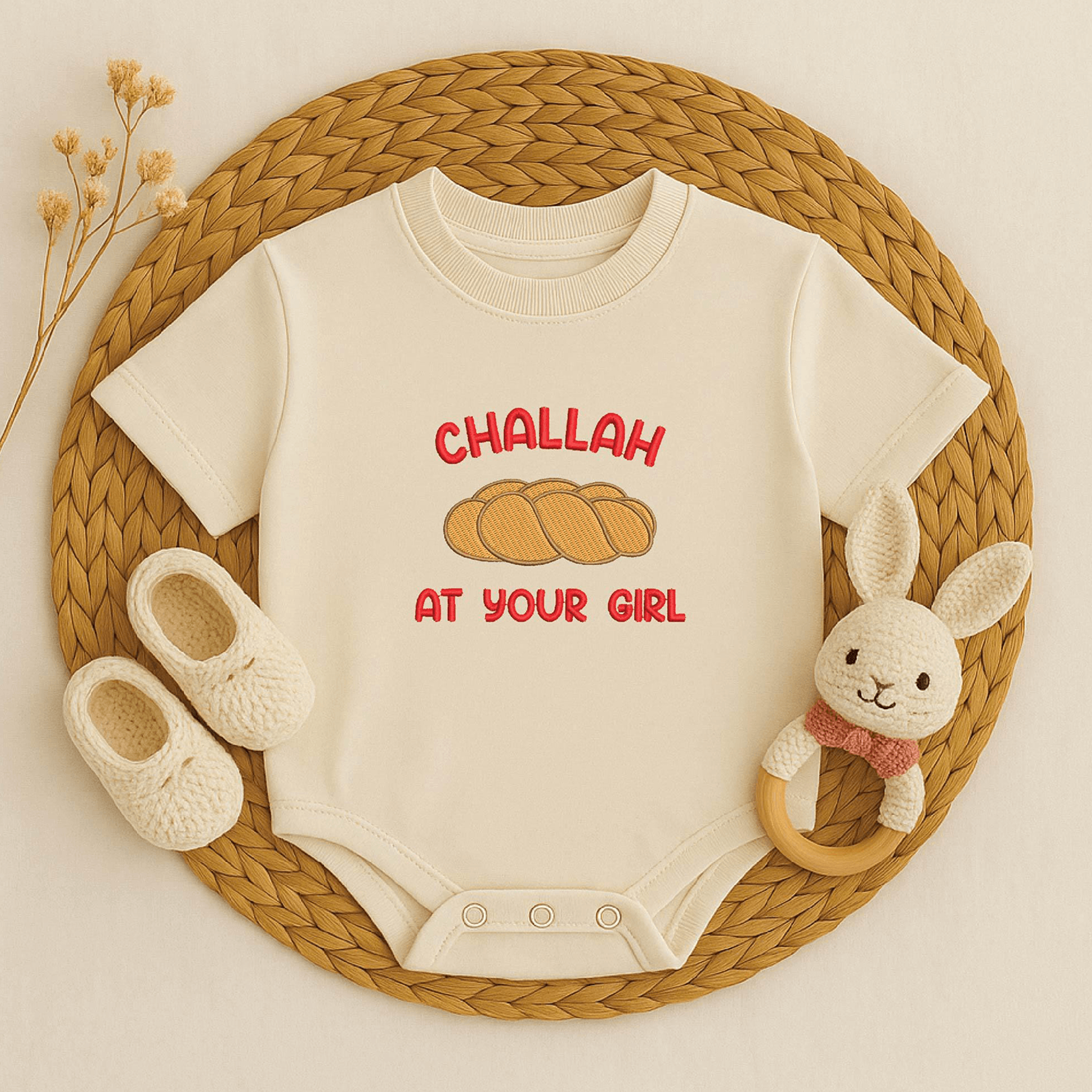 challah at your girl baby bodysuit, funny baby romper, embroidered newborn outfit, baby shower gift, cute onesie