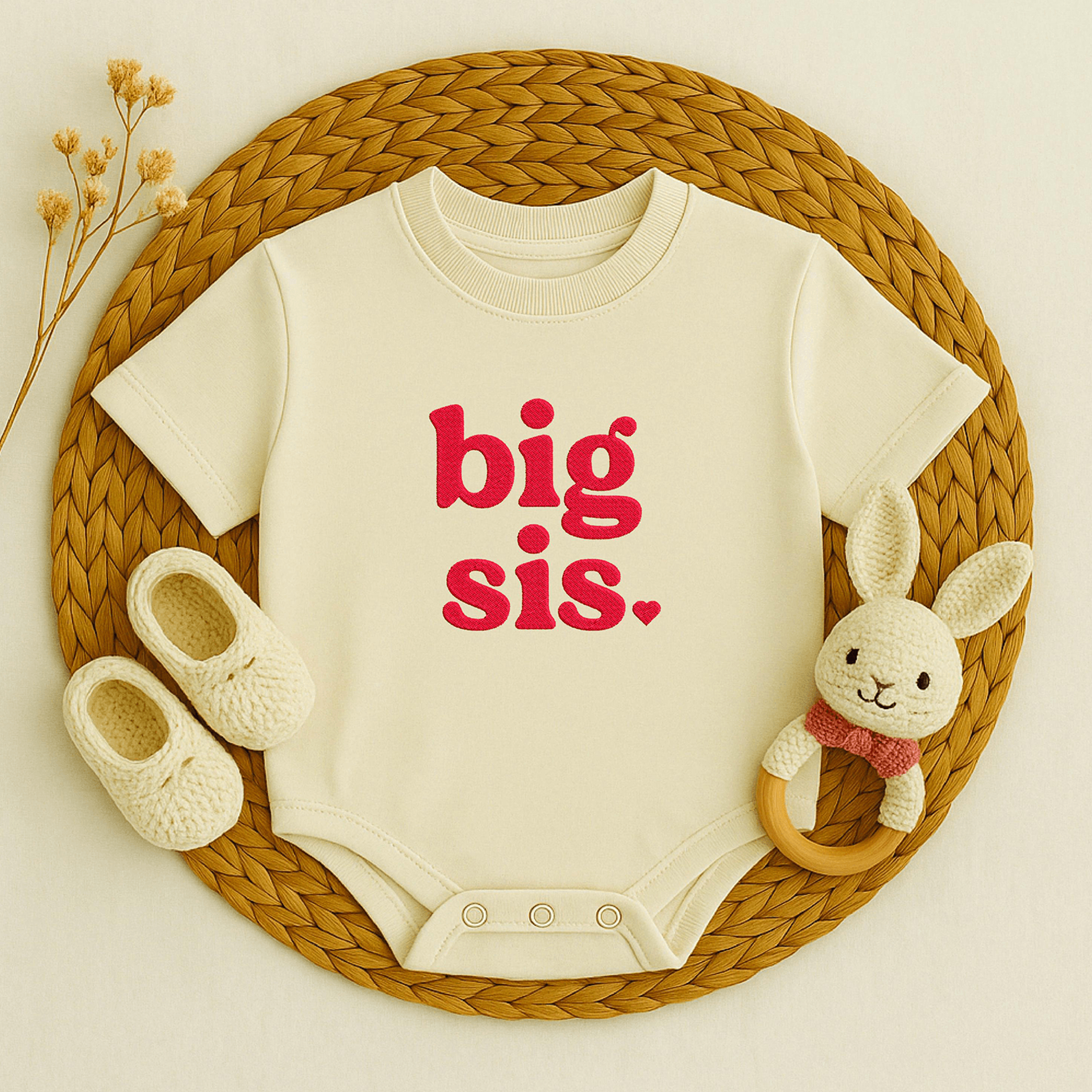 big sis embroidered baby romper, big sister announcement outfit, sibling reveal bodysuit, new baby sister gift