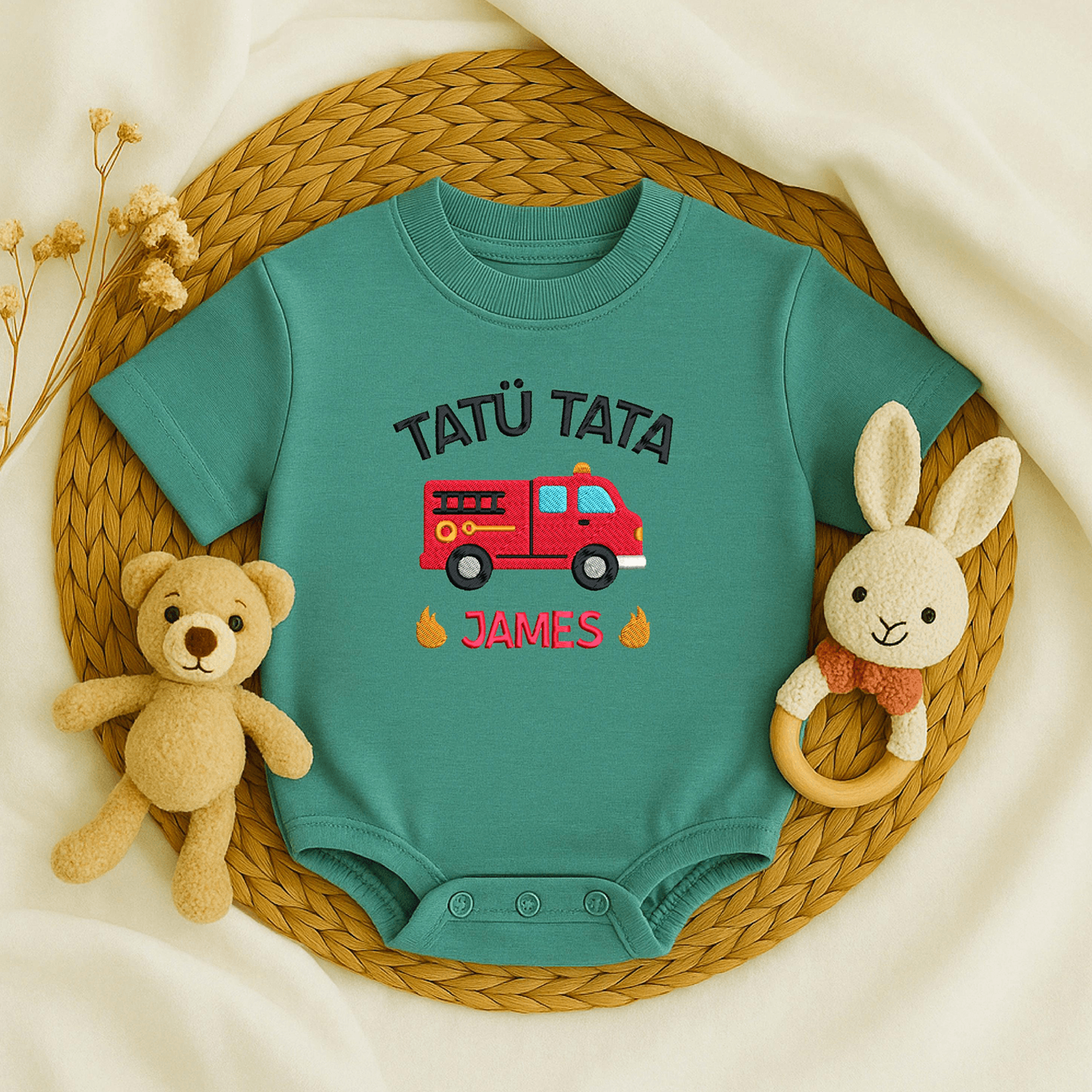 tatu tata fire truck embroidered baby romper, firefighter baby outfit, fire truck onesie, baby shower gift