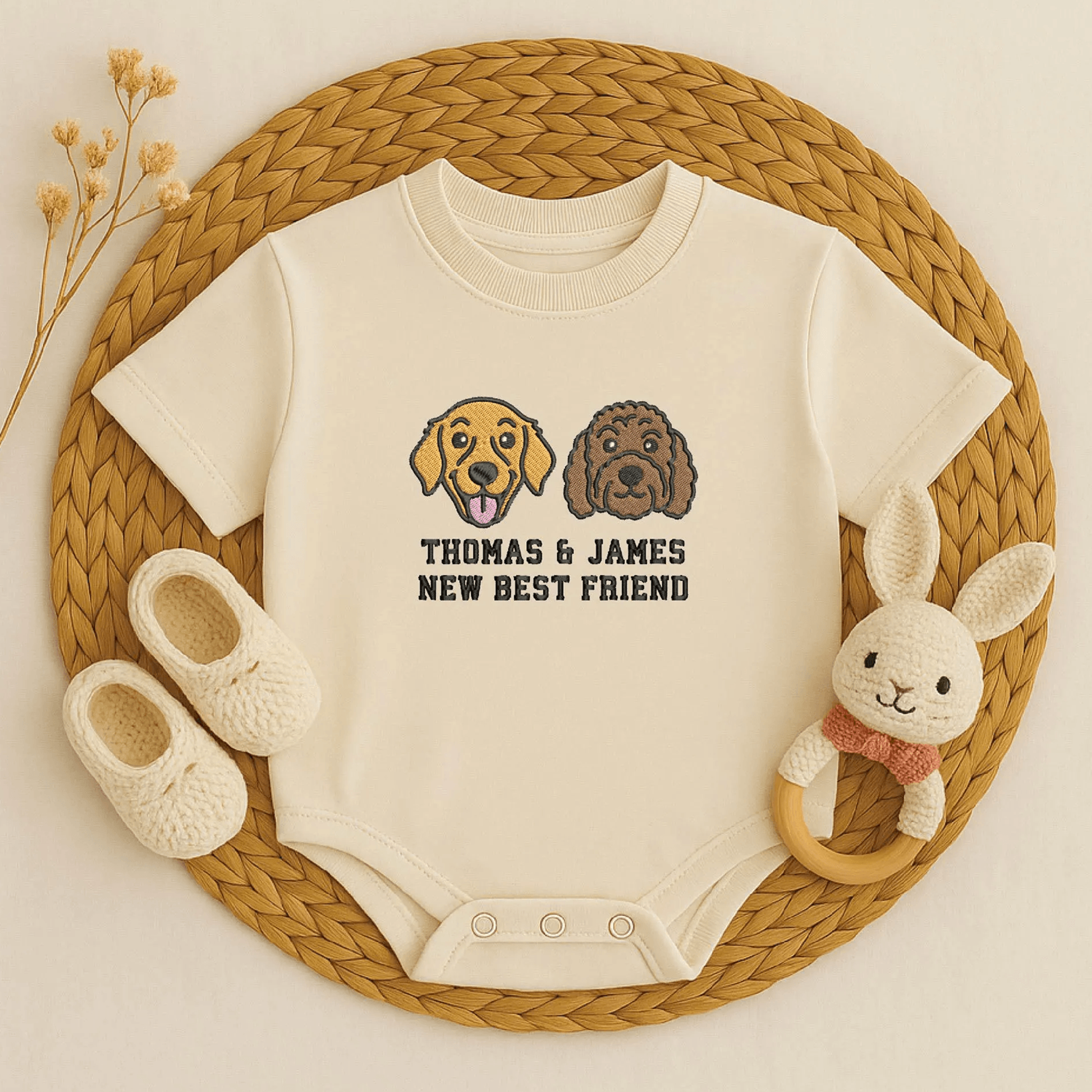 personalized dog baby bodysuit, custom pet embroidered baby romper, dog lover baby outfit, newborn gift
