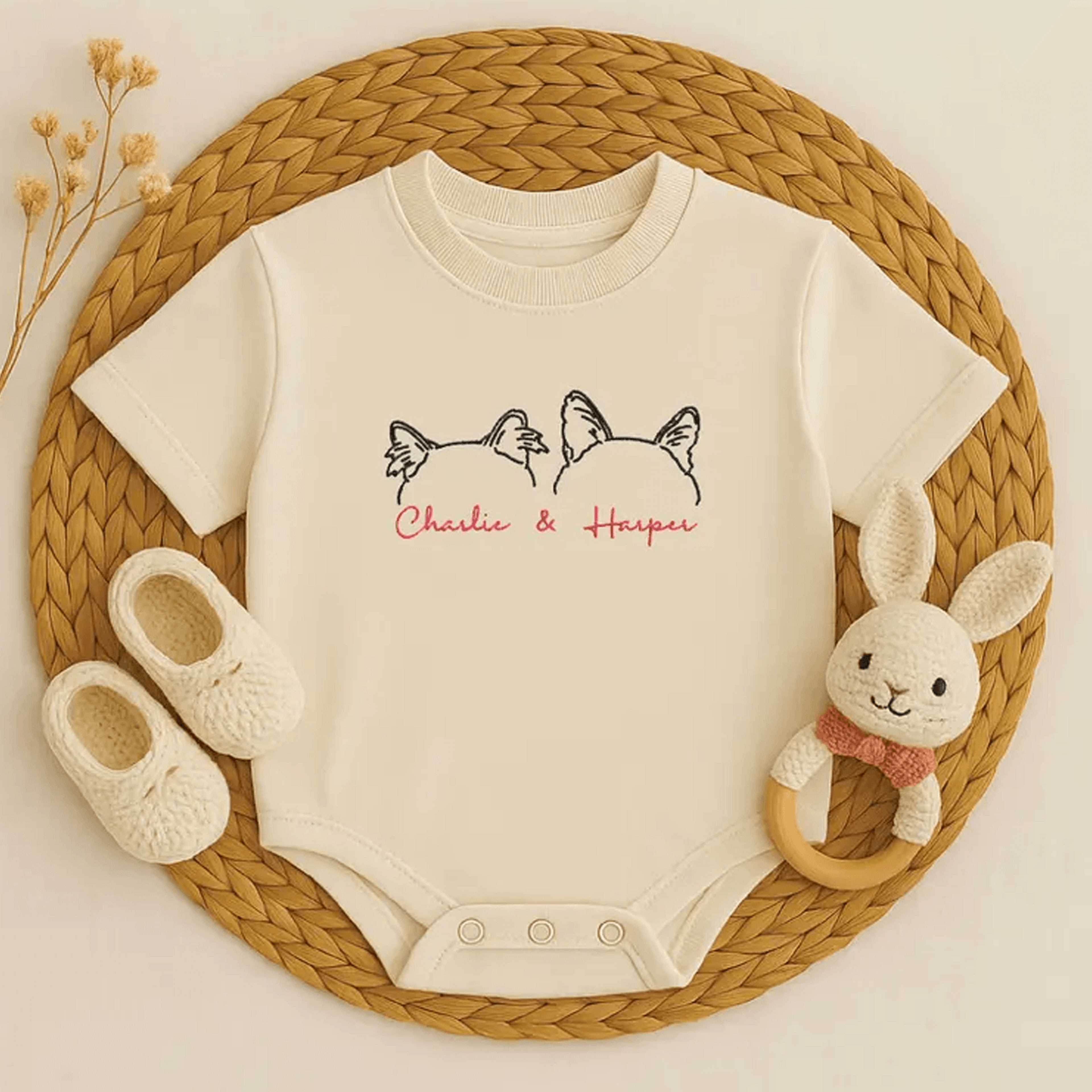 personalized pet line art baby bodysuit, custom pet embroidered romper, dog cat baby outfit, newborn gift