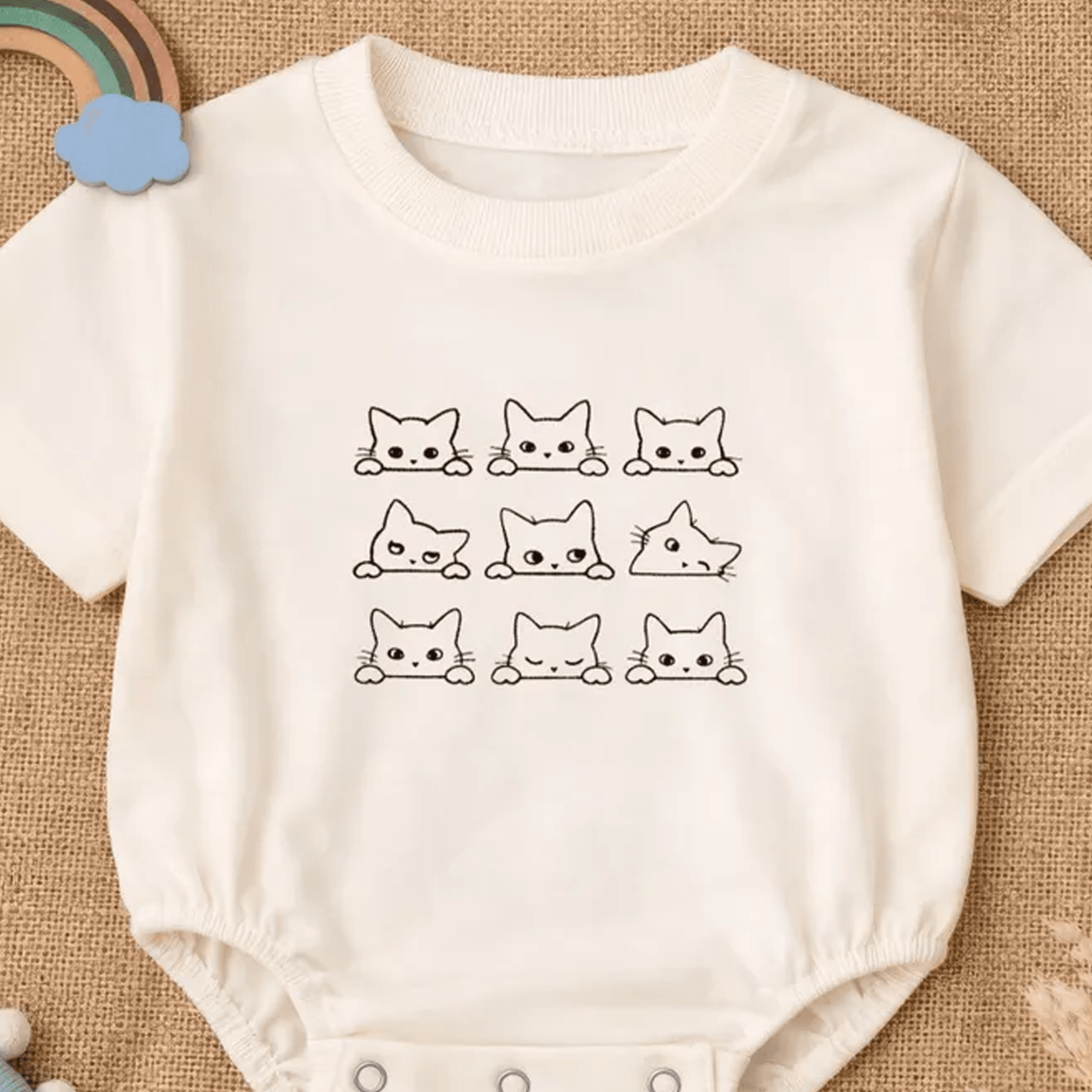 cute cat baby romper, minimal cat face embroidered baby outfit, cat lover newborn onesie, baby shower gift