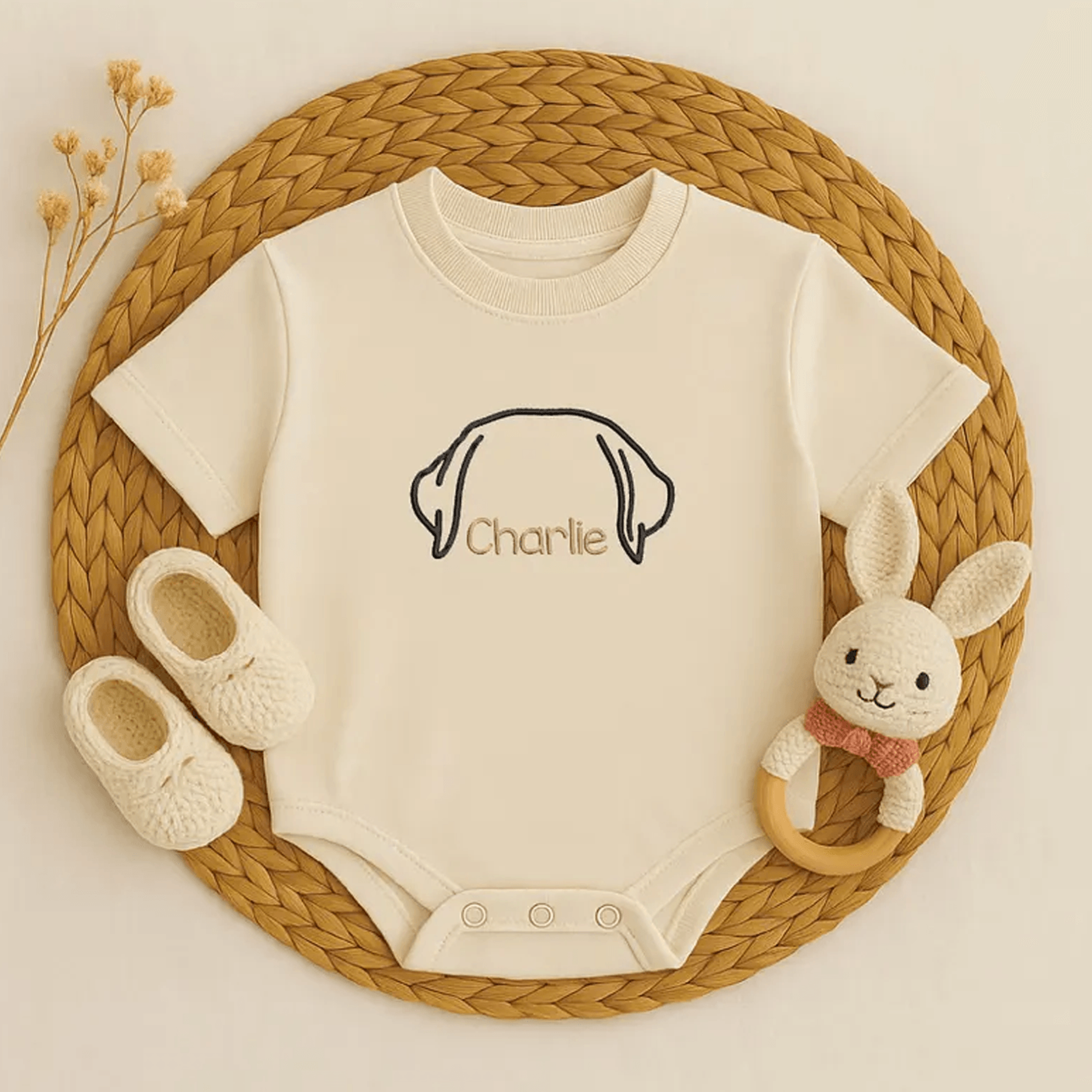 personalized dog outline baby bodysuit, custom dog embroidered baby romper, pet lover newborn gift