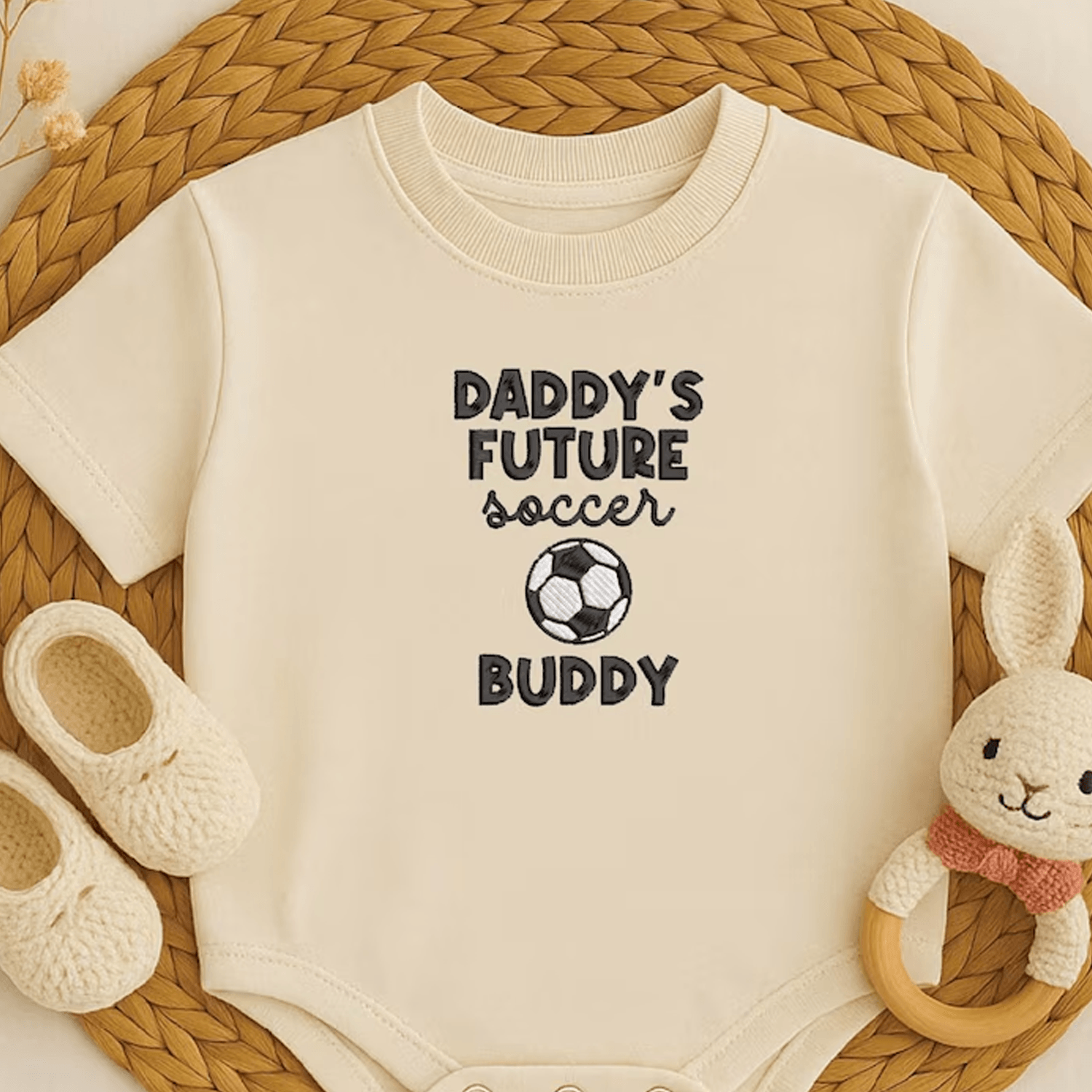 personalized soccer baby romper, custom name embroidered soccer outfit, future soccer star newborn onesie