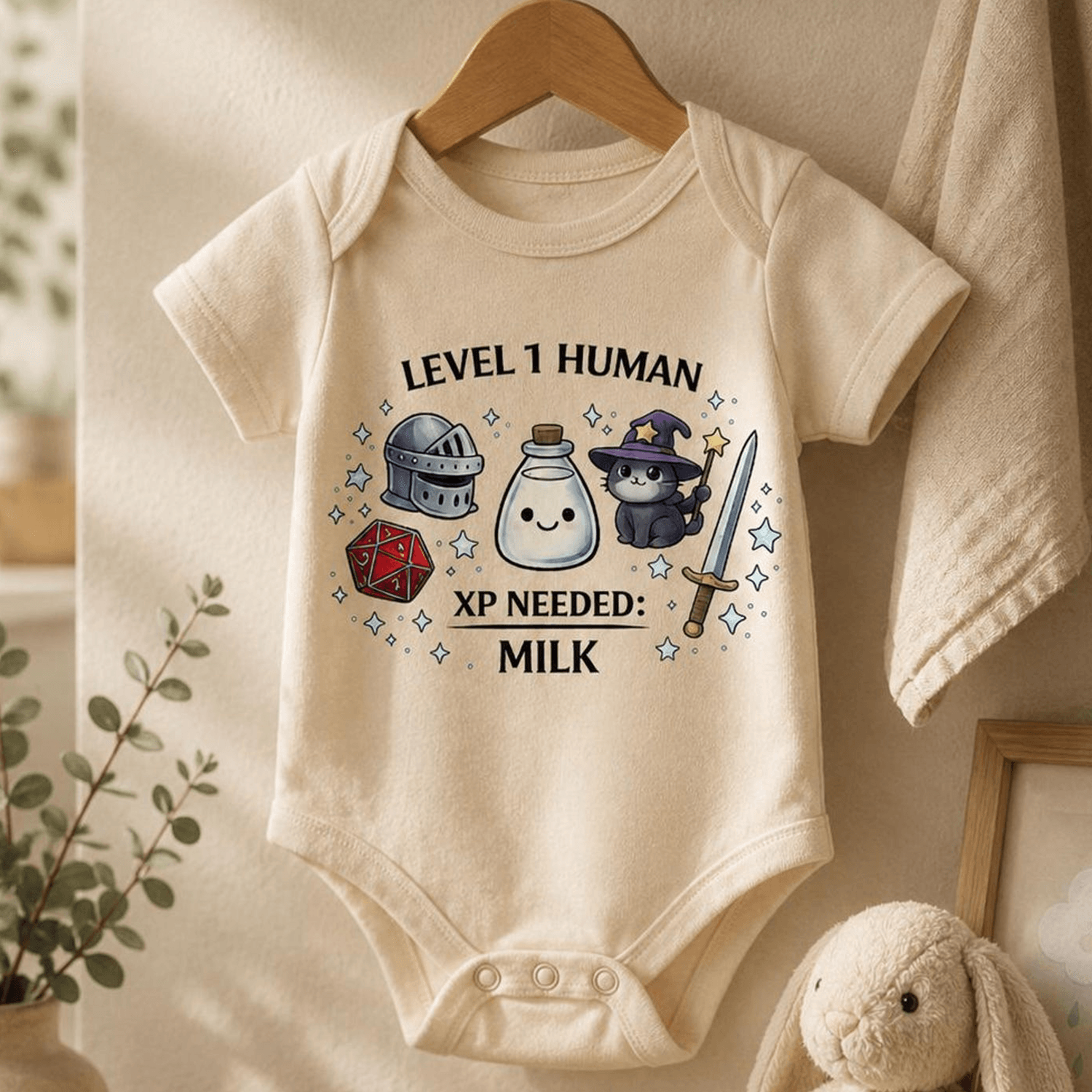 level 1 human baby bodysuit, funny gamer baby outfit, rpg newborn romper, dnd baby gift, baby shower present