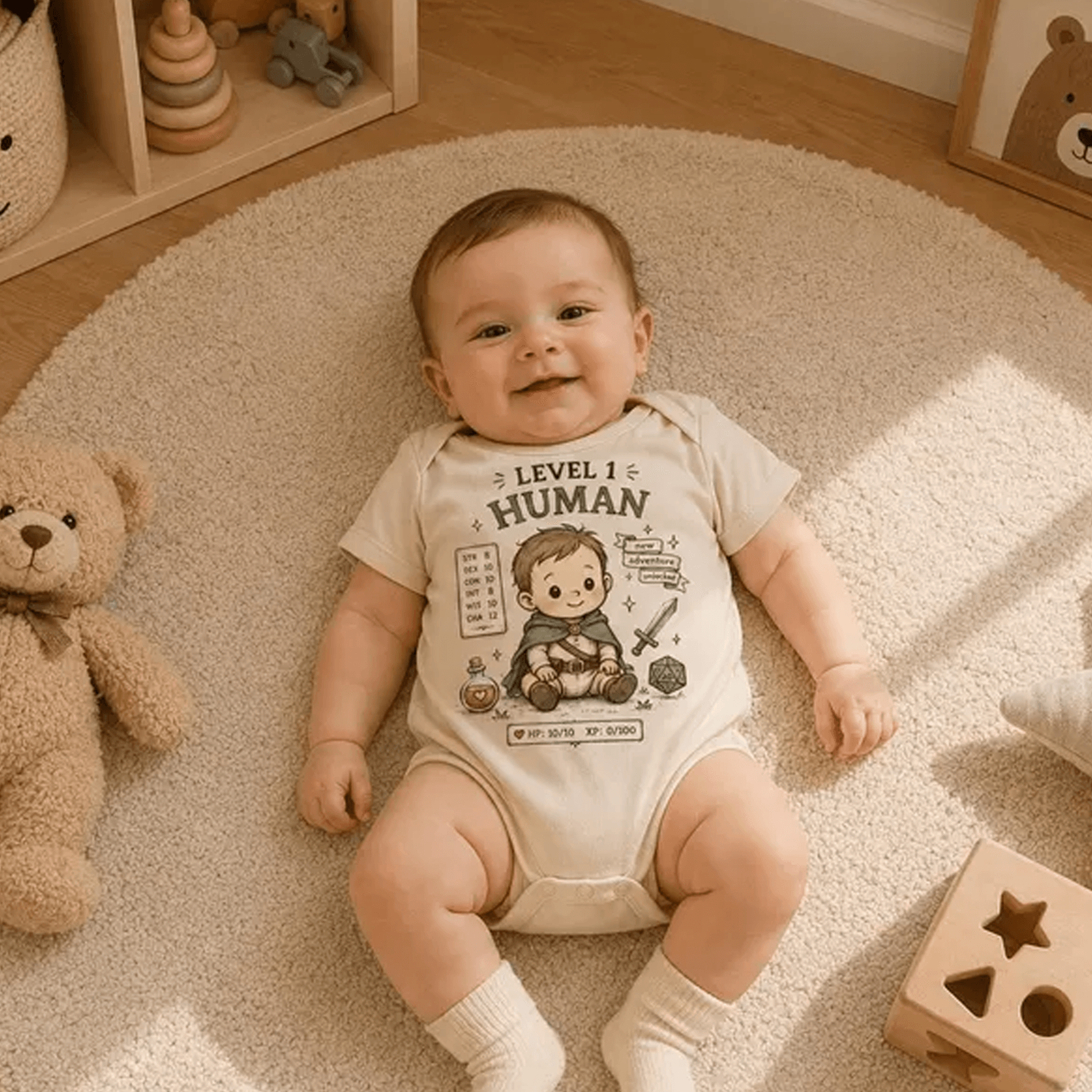level 1 human baby bodysuit, funny rpg baby outfit, gamer newborn romper, dnd baby gift, baby shower gift