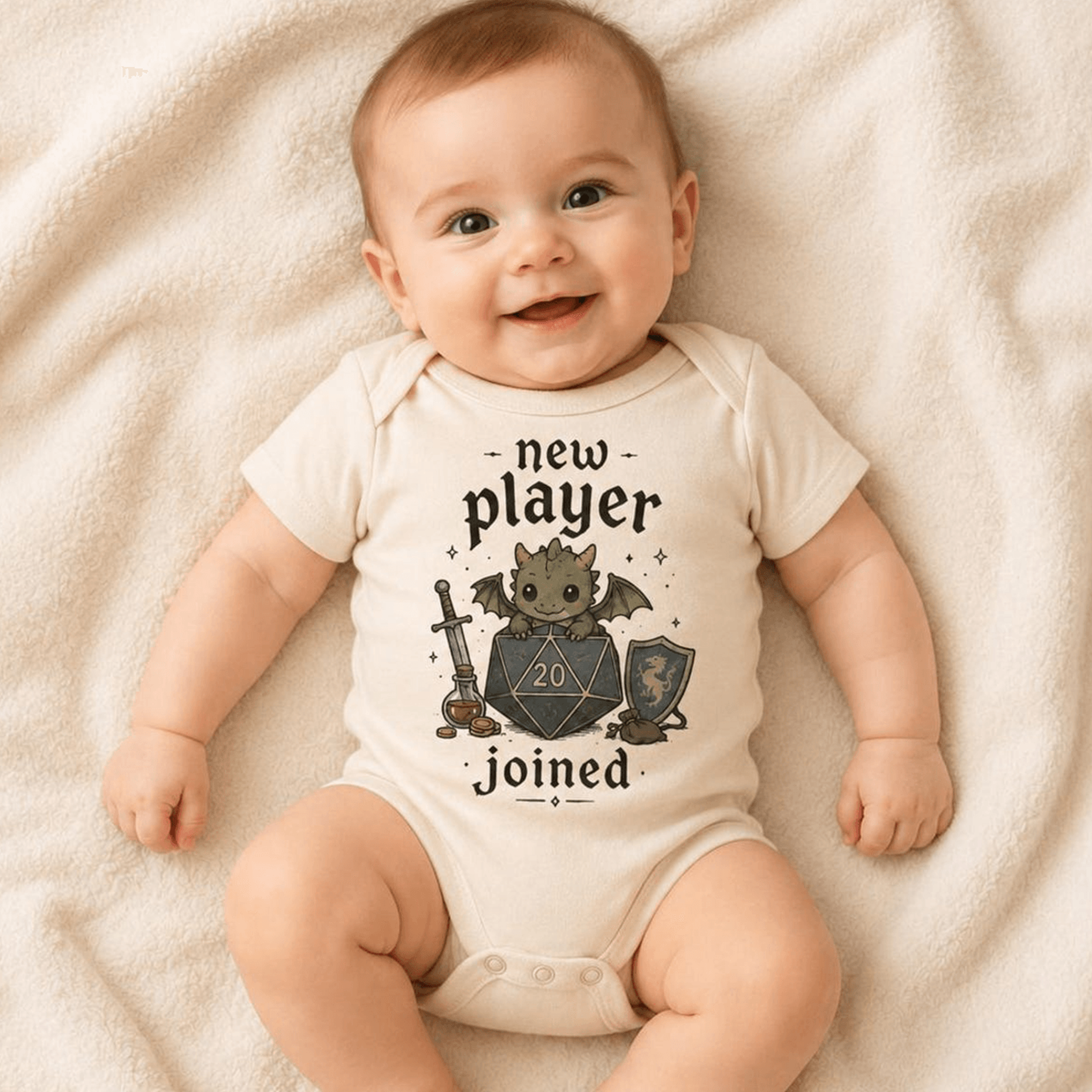 new player fantasy baby bodysuit, dnd baby onesie, rpg gamer baby outfit, dungeon adventure newborn gift, baby shower gi
