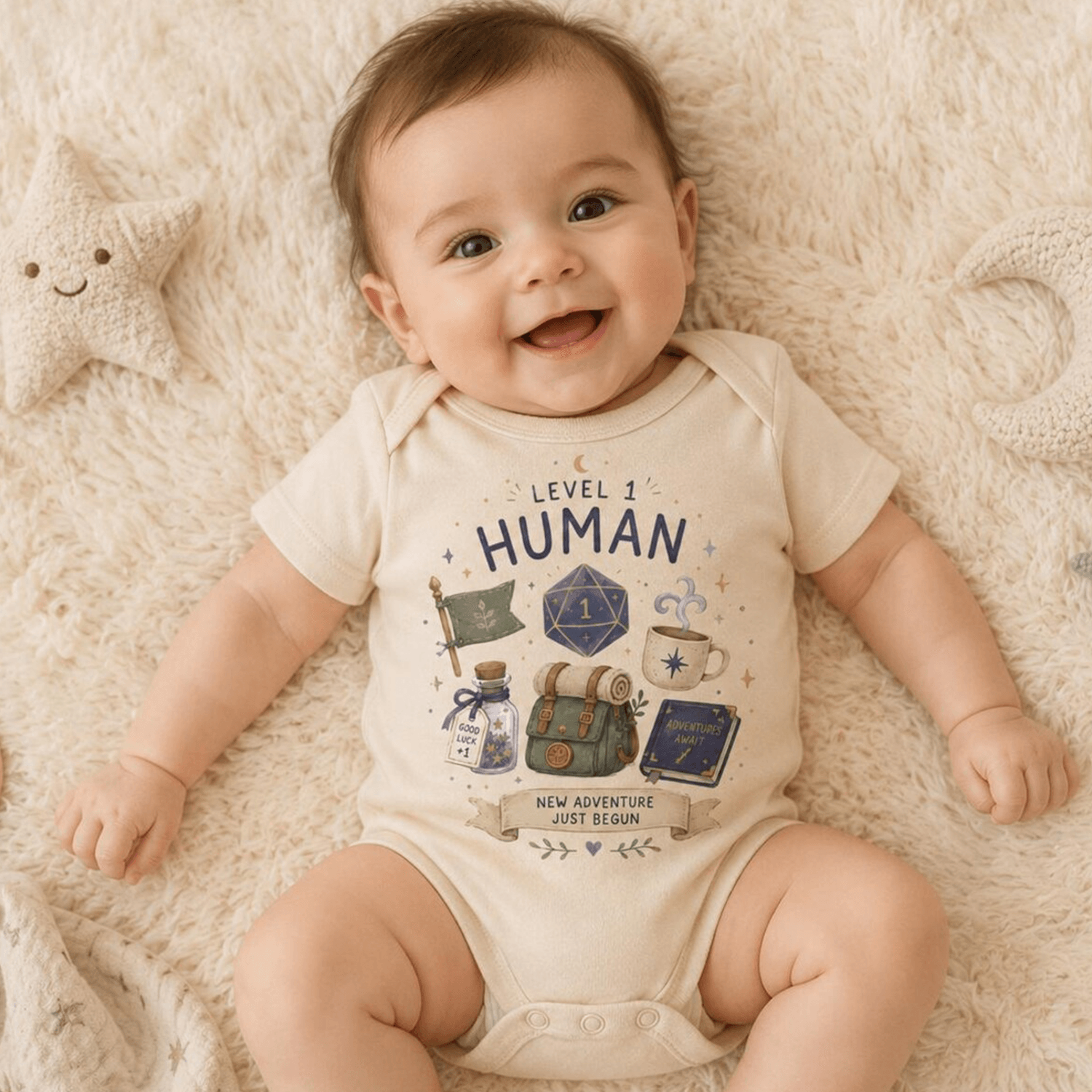 level 1 human baby bodysuit, dnd baby onesie, rpg gamer baby outfit, fantasy newborn gift, baby shower gift