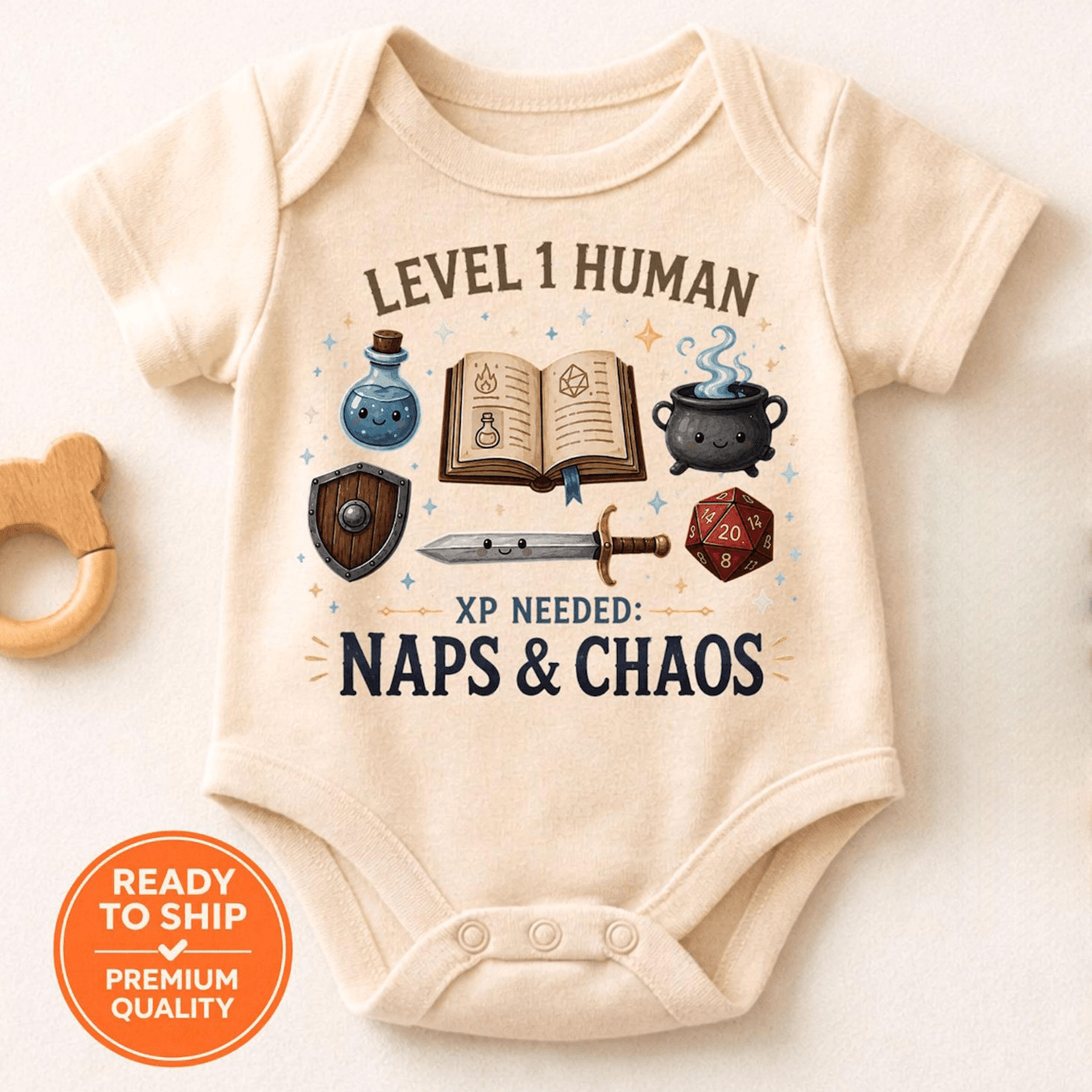 personalized level 1 human baby bodysuit, custom dnd baby onesie, rpg gamer baby outfit, fantasy newborn gift