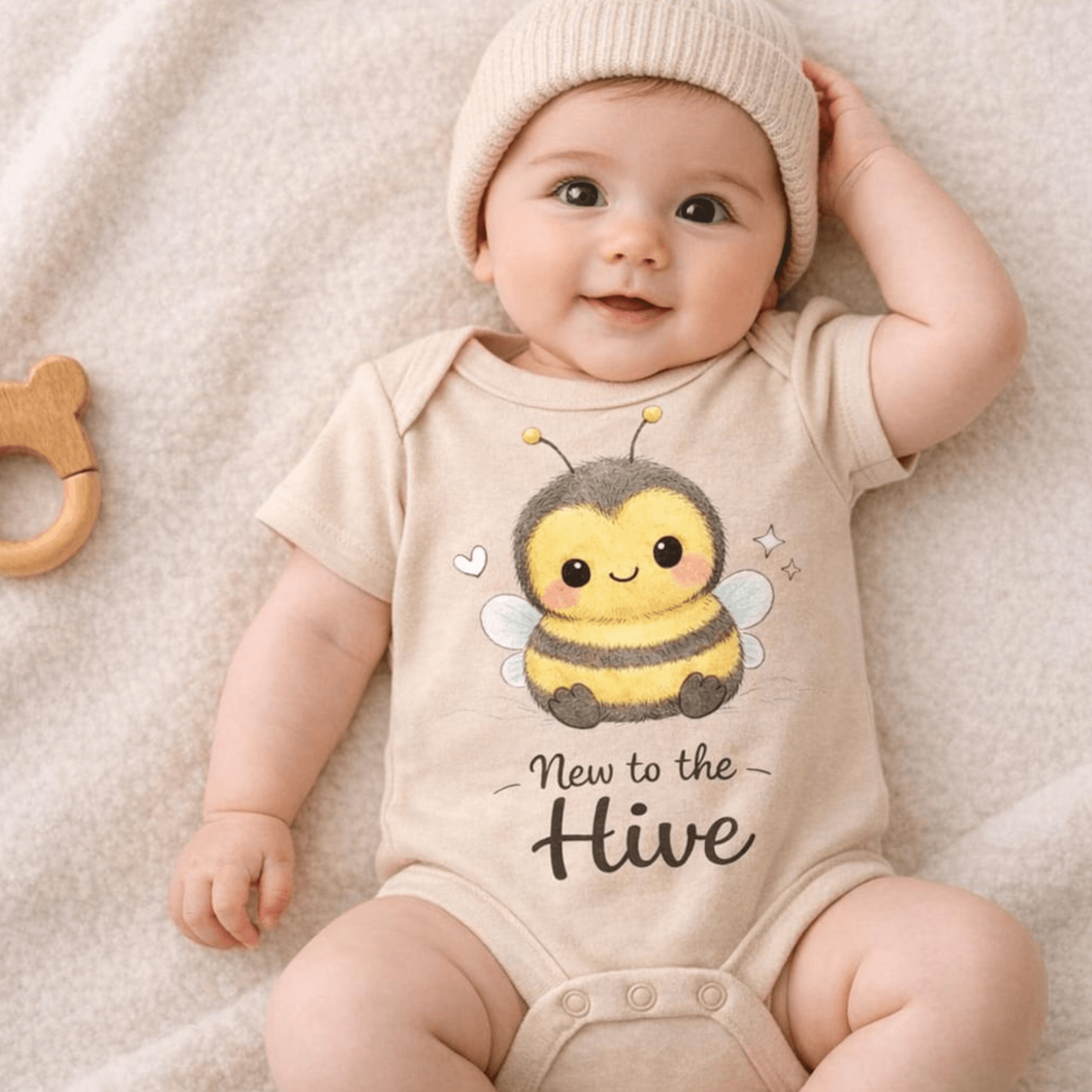 new to the hive baby bodysuit, cute bee baby onesie, bumble bee baby outfit, gender neutral newborn gift, baby shower gi