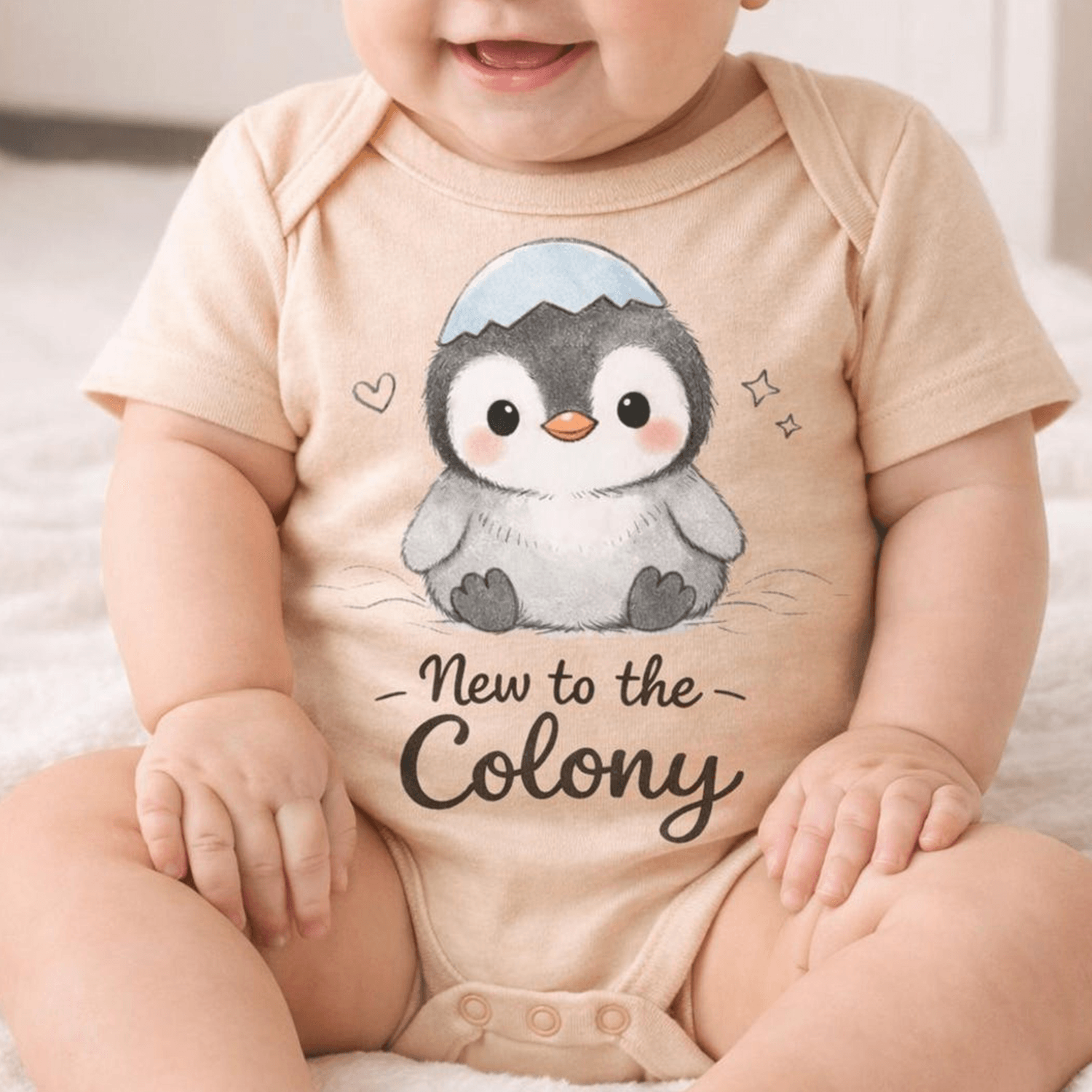 new to the colony penguin baby bodysuit, cute penguin baby onesie, gender neutral newborn outfit, baby shower gift