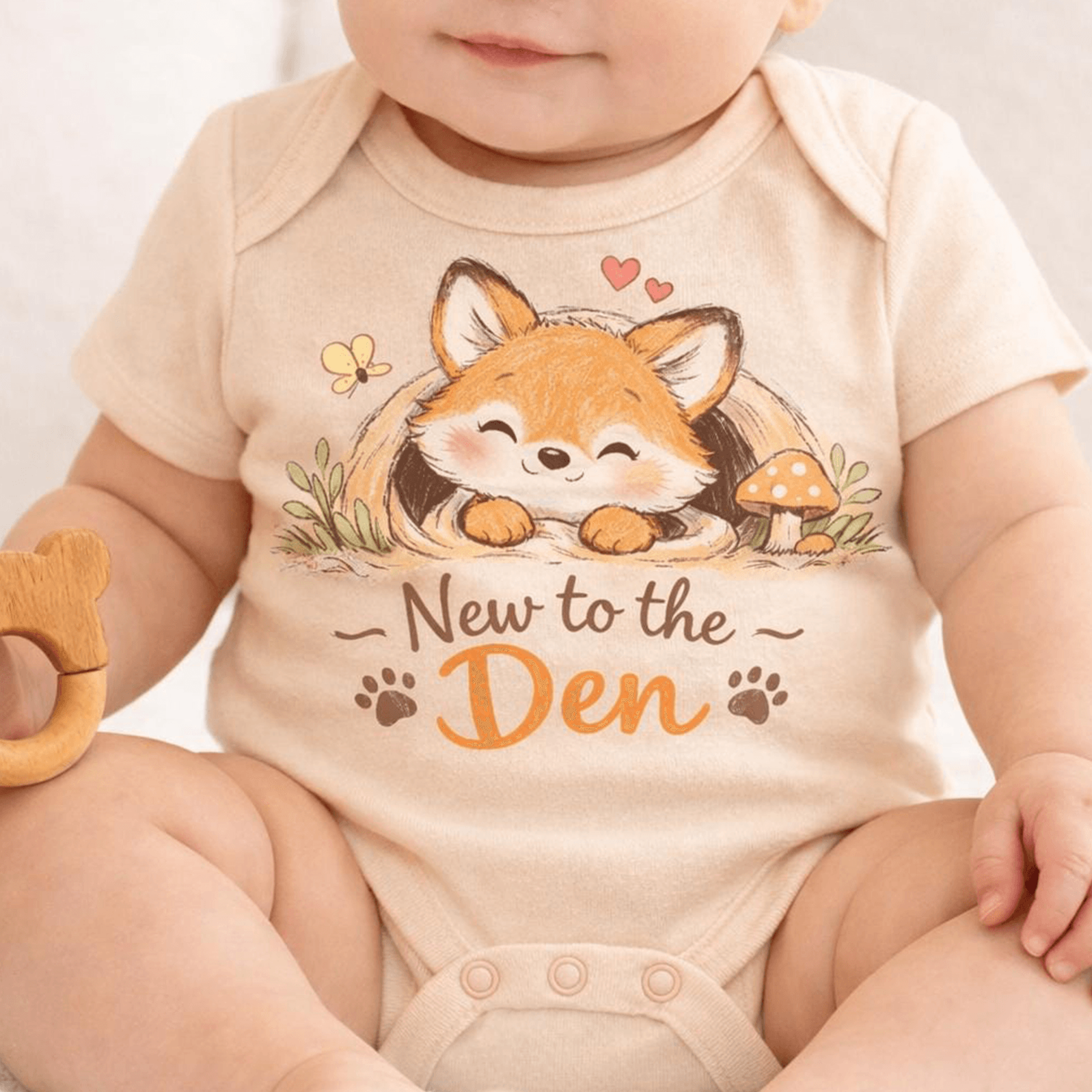 new to the den baby bodysuit, cute fox baby onesie, woodland baby outfit, fox baby shower gift, unisex infant bodysuit