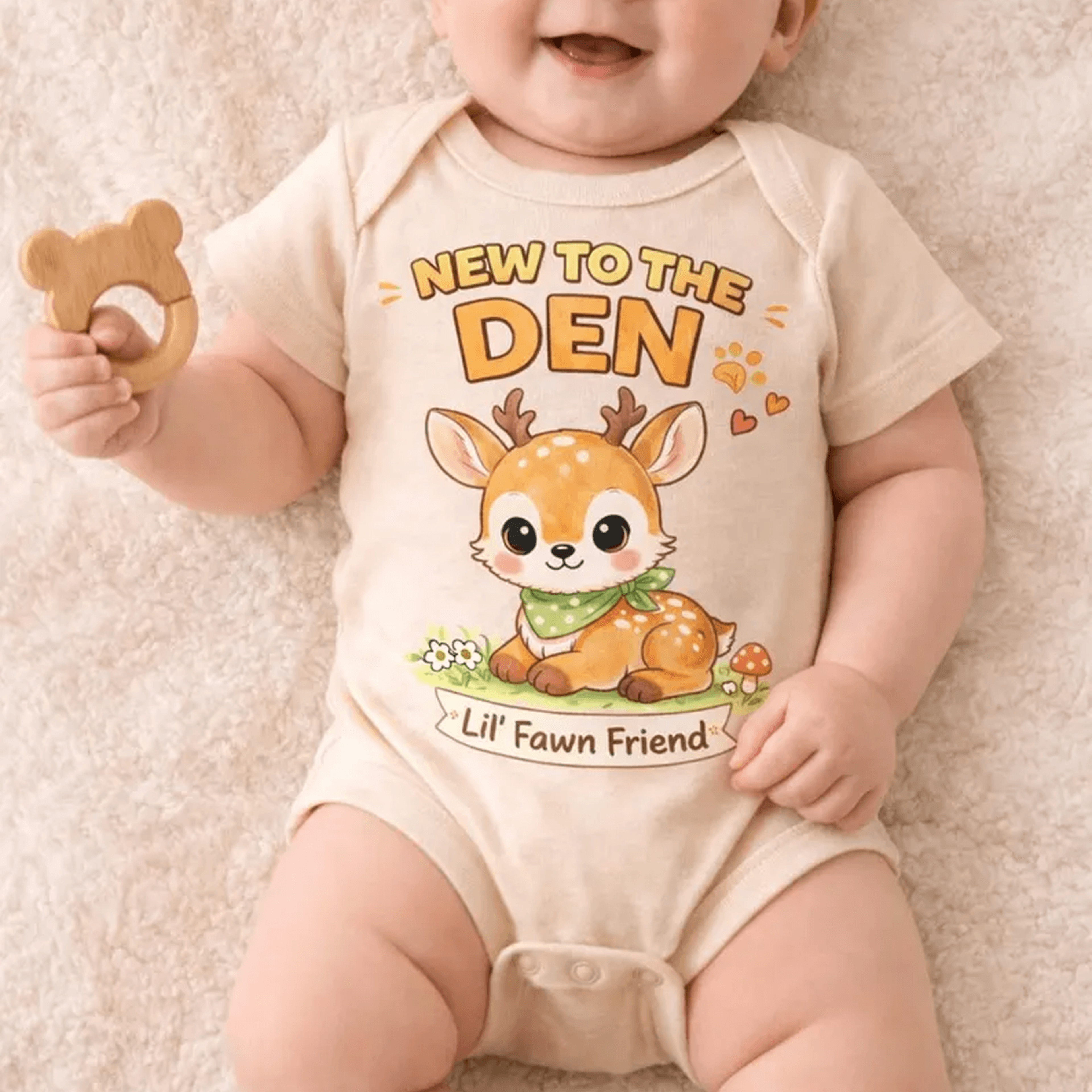 new to the den baby bodysuit, cute deer baby onesie, woodland baby outfit, forest animal baby shower gift, unisex infant