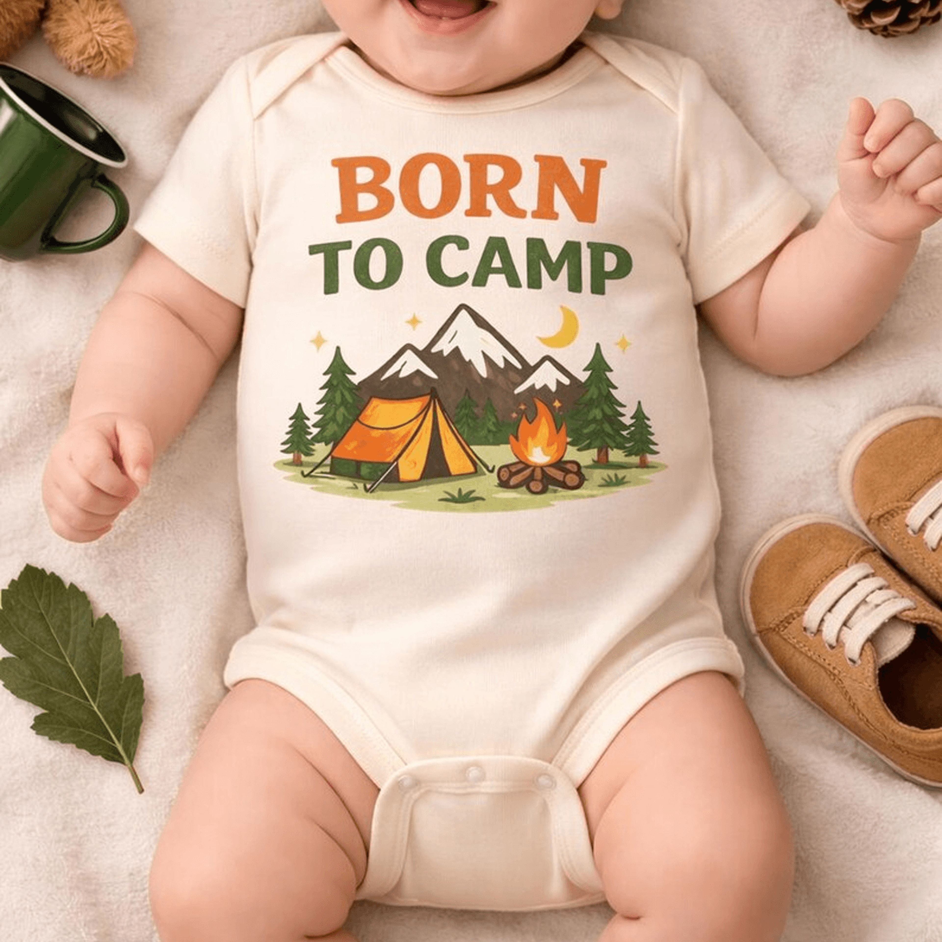 born to camp baby bodysuit, camping baby onesie, outdoor baby outfit, adventure baby shower gift, unisex infant bodysuit