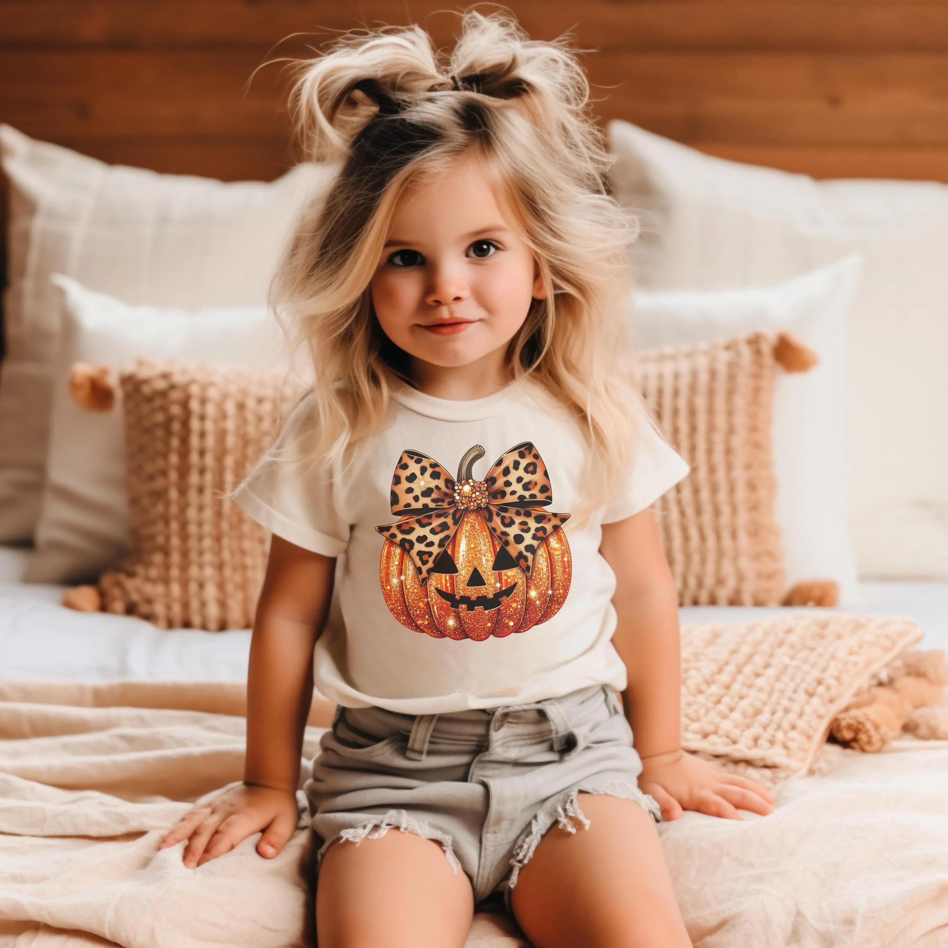 leopard pumpkin halloween shirt for girls, cute glitter jack o lantern tee, coquette halloween outfit, toddler fall shir