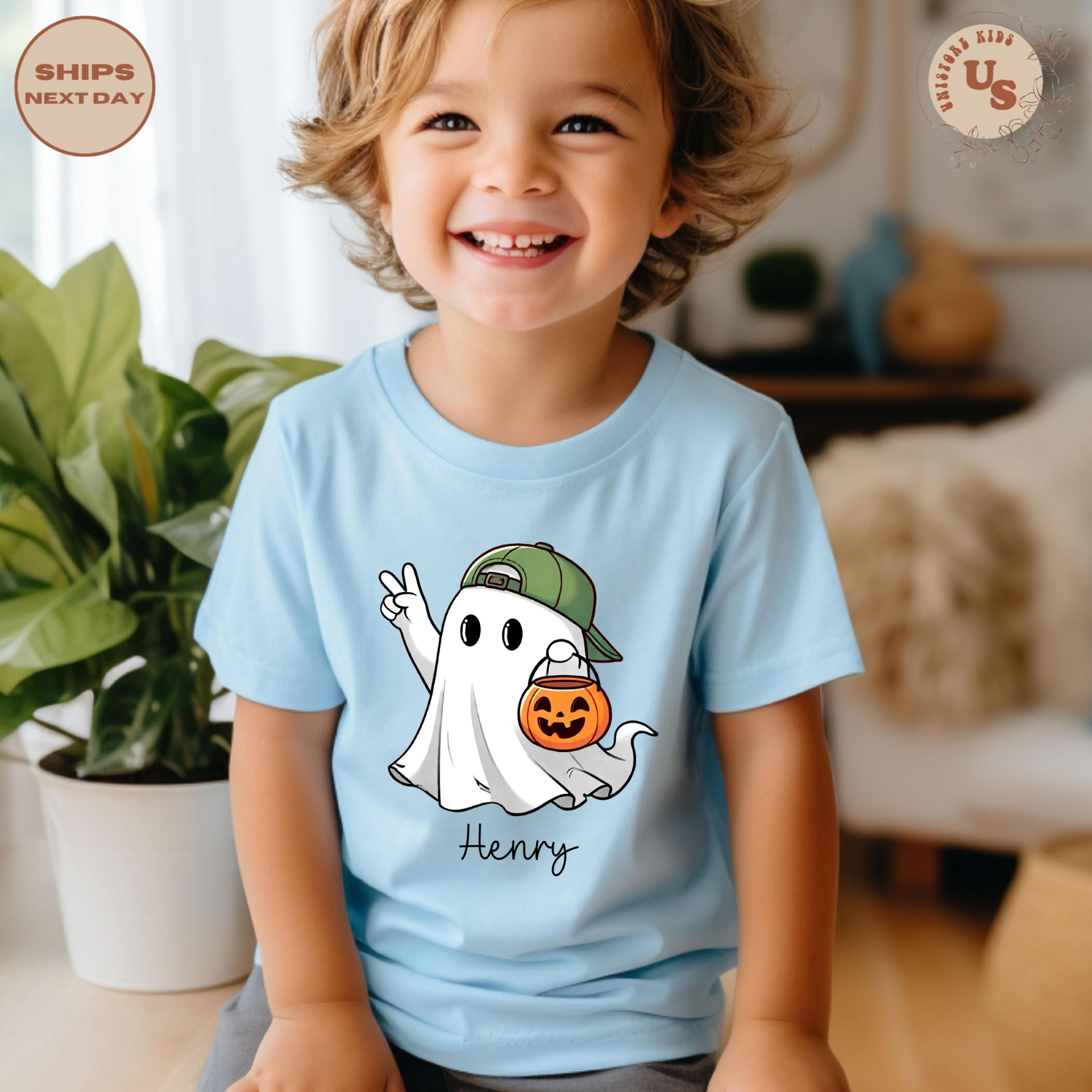 custom name ghost toddler shirt, personalized halloween kids tee, cute ghost t-shirt, spooky fall outfit, halloween gift