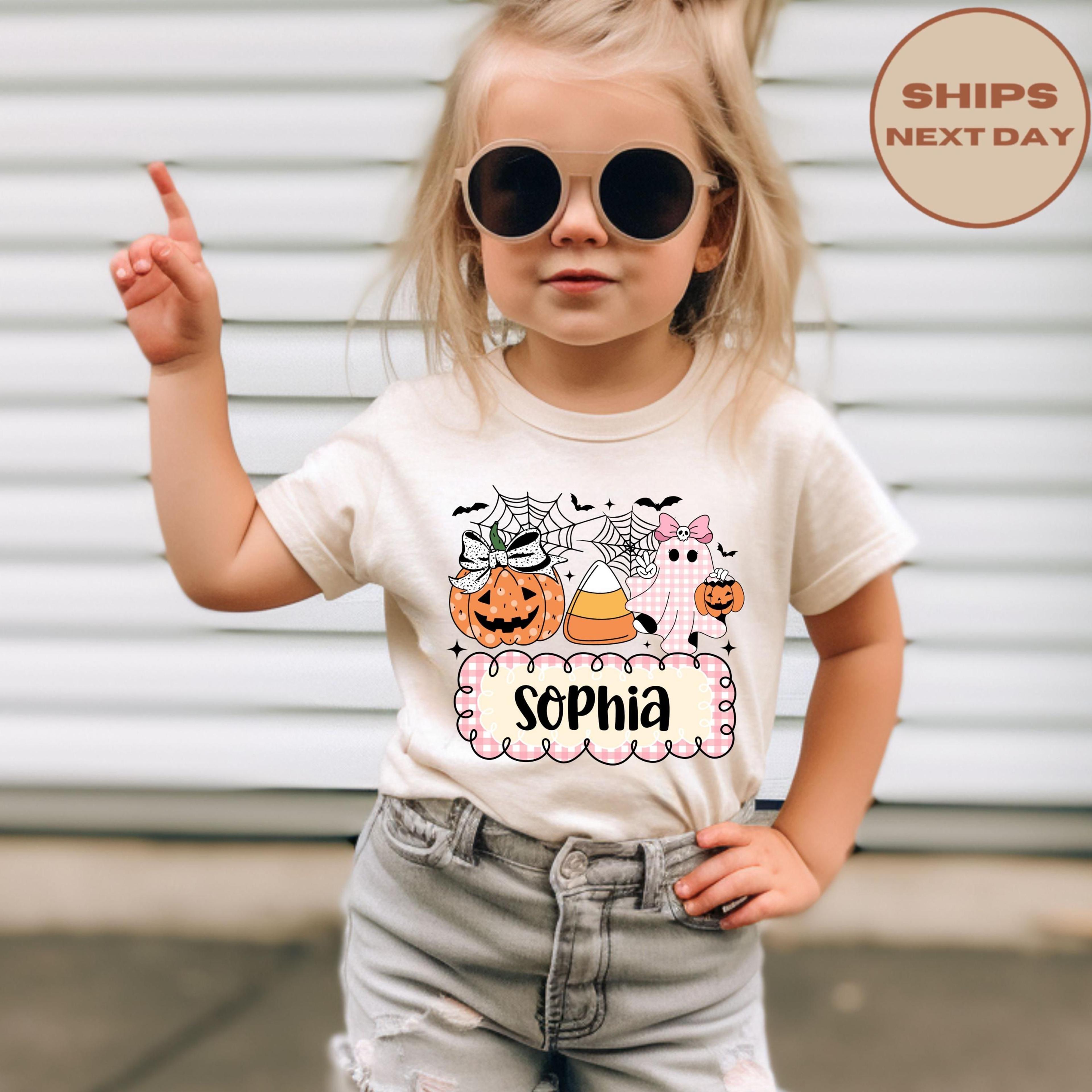 custom name halloween t-shirt, personalized pumpkin ghost shirt, kids halloween tee, spooky fall outfit, halloween gift