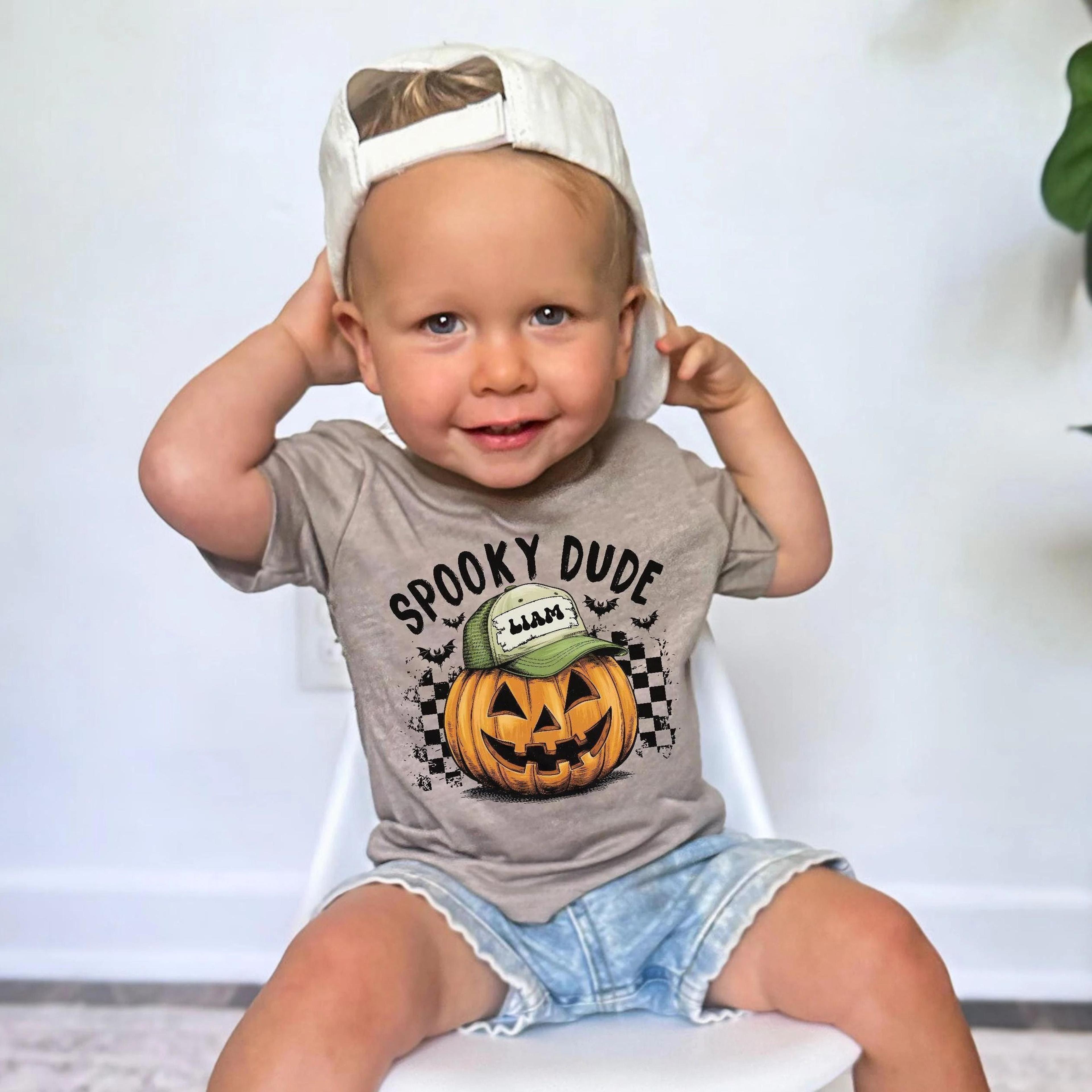 personalized spooky dude shirt, custom halloween toddler tee, pumpkin trucker hat kids shirt, boy halloween outfit