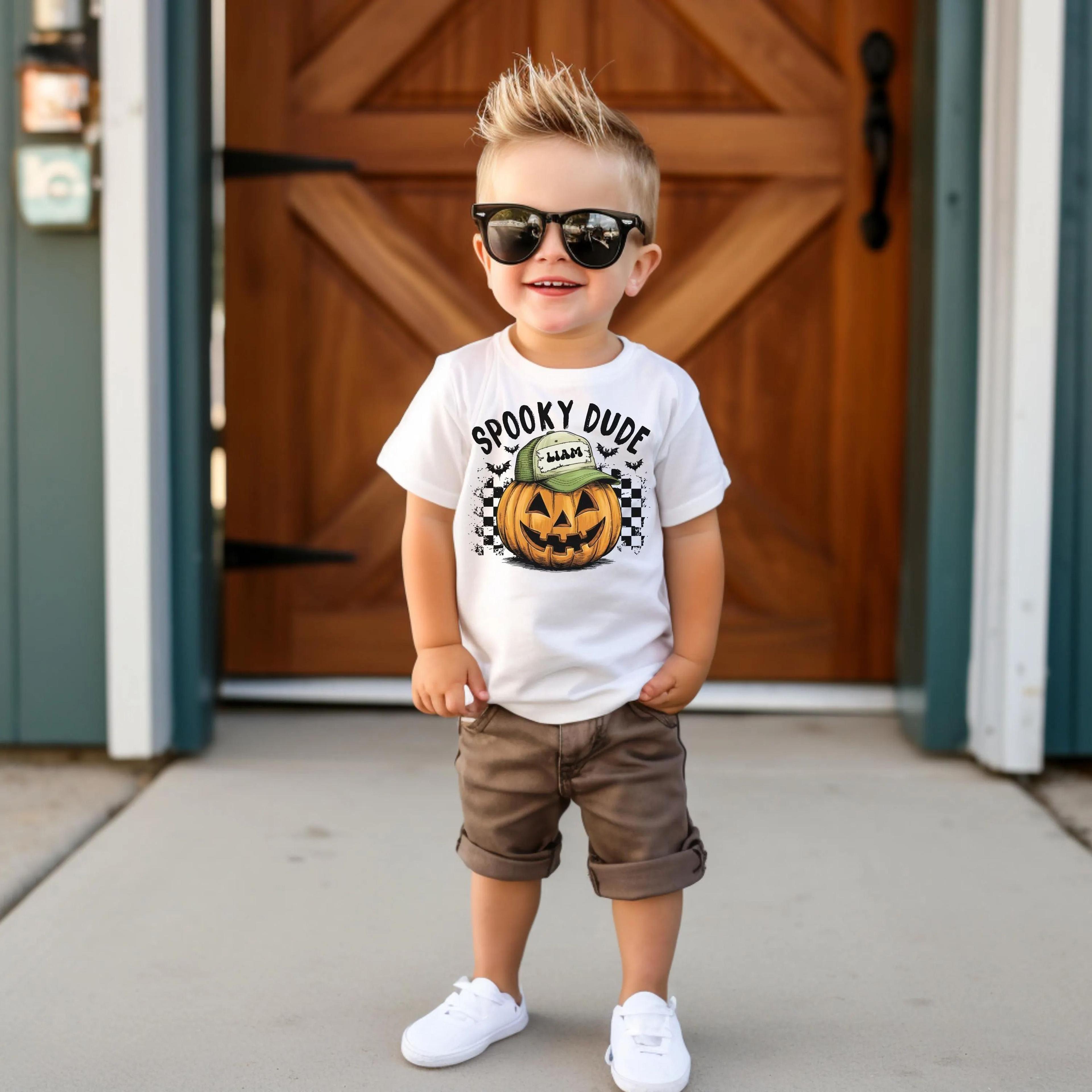 personalized spooky dude halloween shirt, custom pumpkin toddler tee, boy halloween shirt, pumpkin patch outfit, little