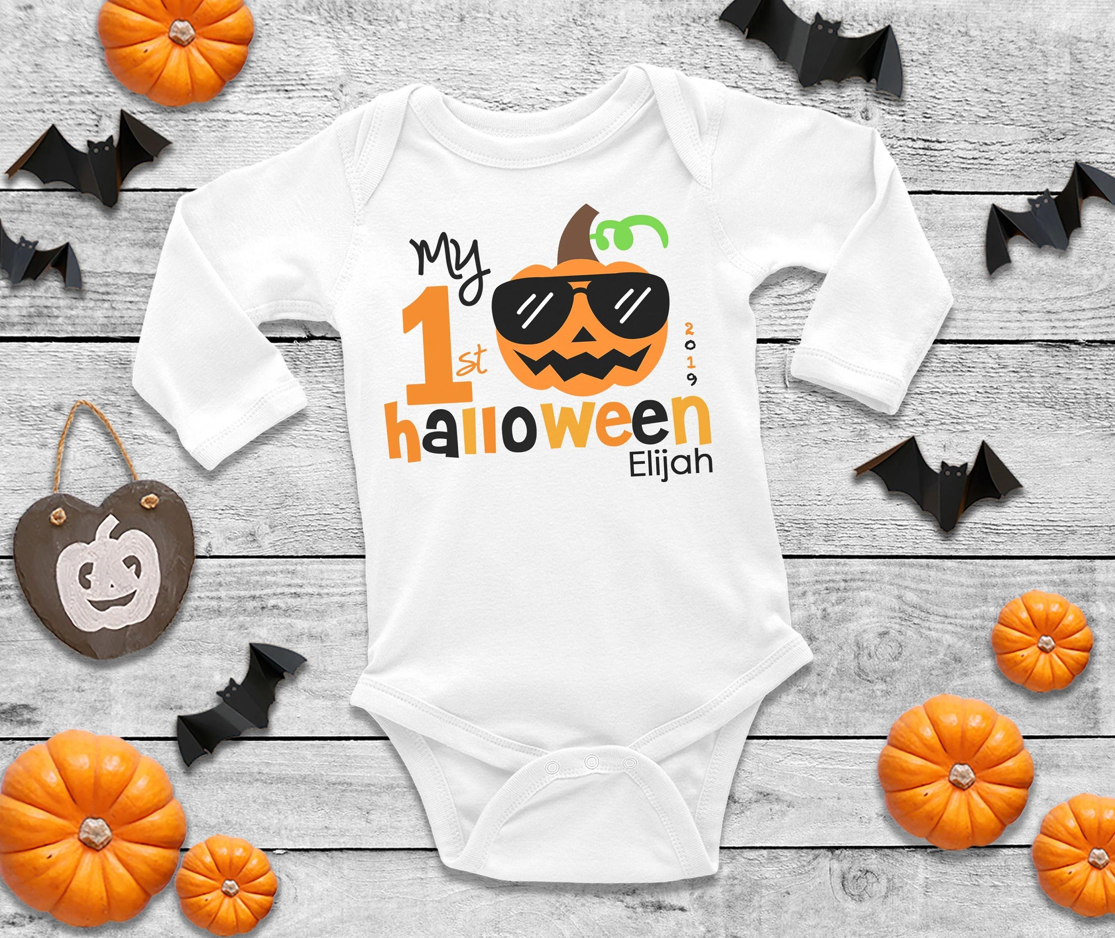 personalized my first halloween bodysuit, custom baby first halloween outfit, pumpkin baby onesie, 1st halloween boy gir