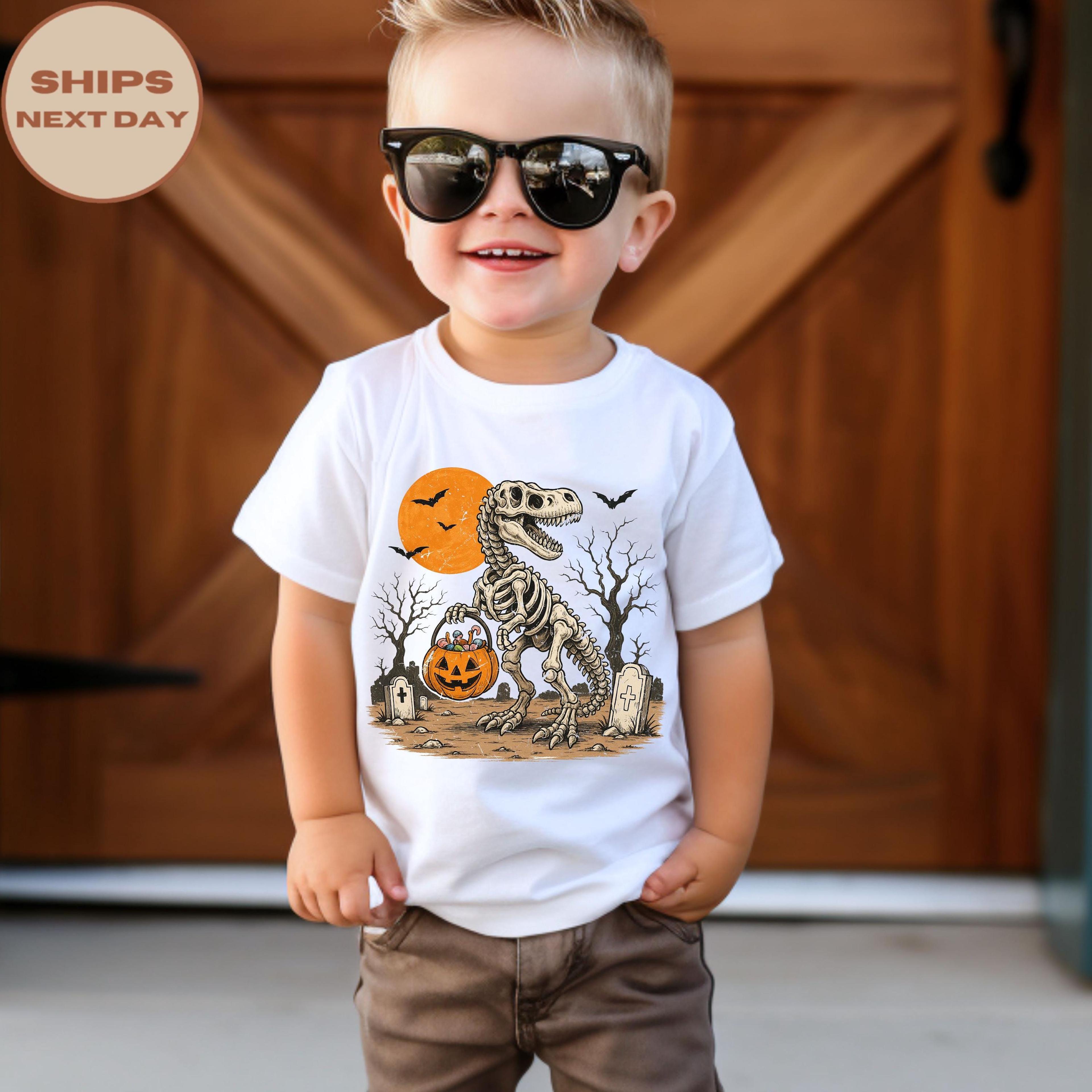 skeleton t-rex toddler t-shirt, dinosaur halloween shirt, spooky dino kids tee, cute fall toddler outfit, trick or treat