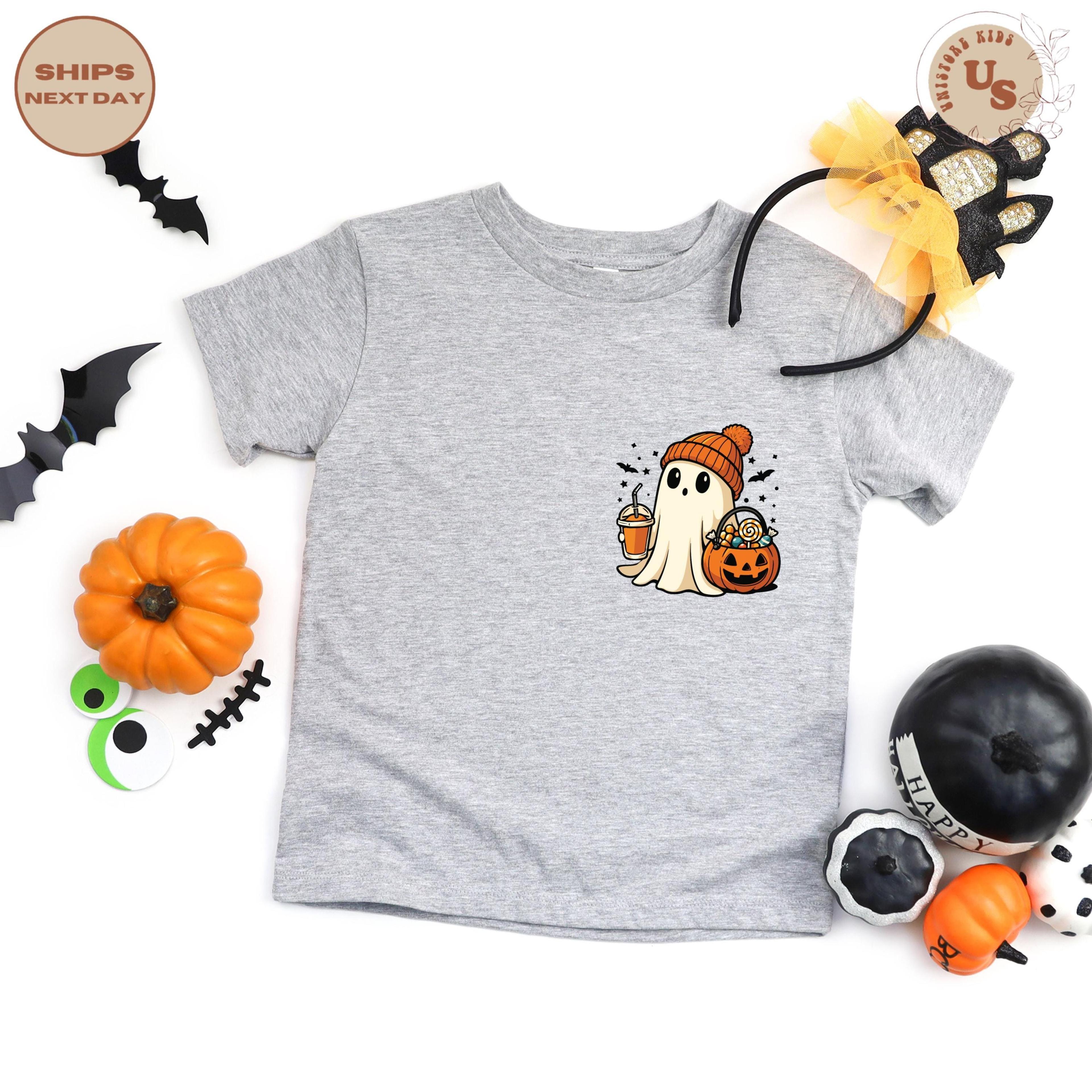 cute ghost t-shirt, halloween ghost graphic tee, spooky season shirt, fall pumpkin patch outfit, cute halloween tee