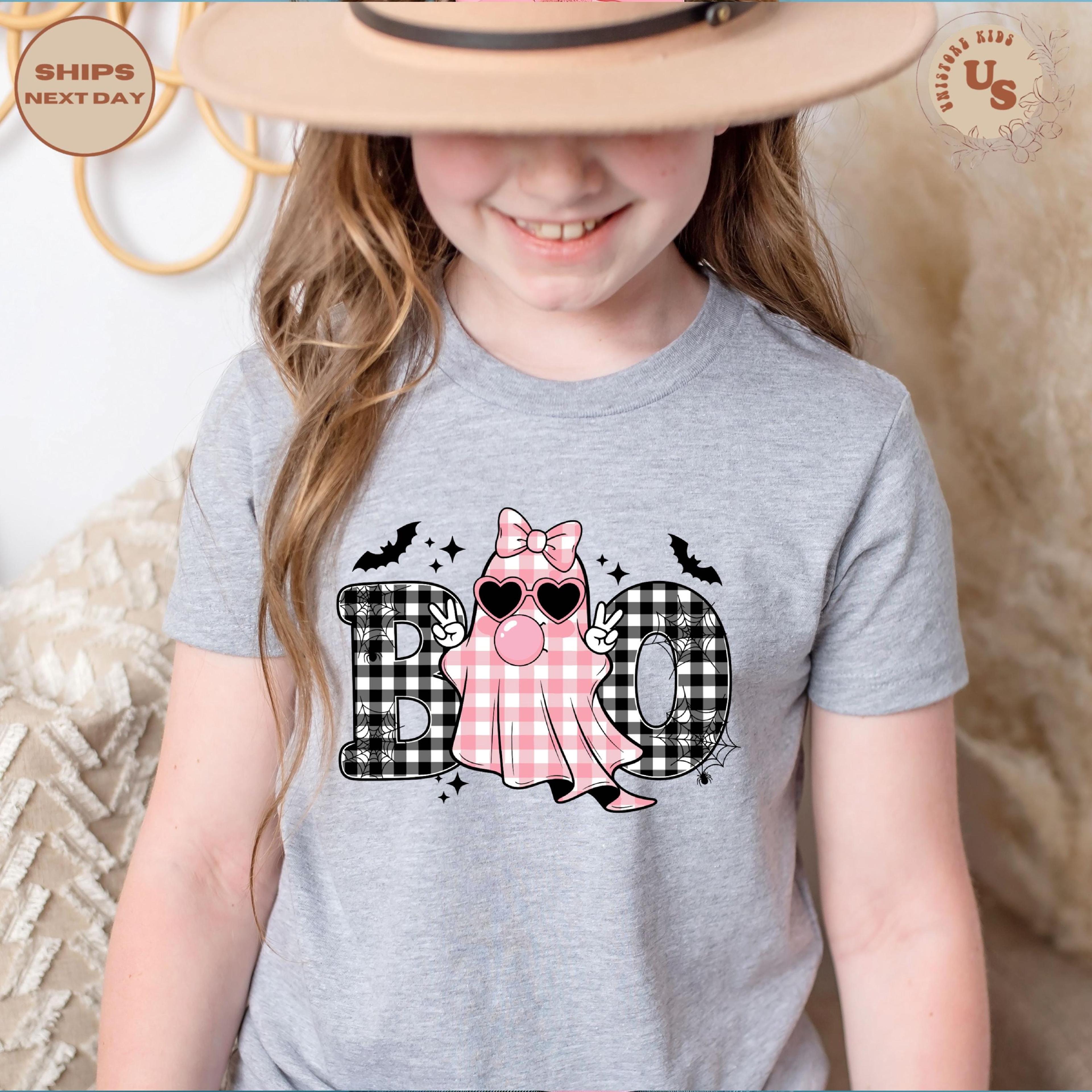 checkered boo ghost t-shirt, girls halloween ghost shirt, cute spooky season tee, fall graphic shirt, pumpkin patch outf