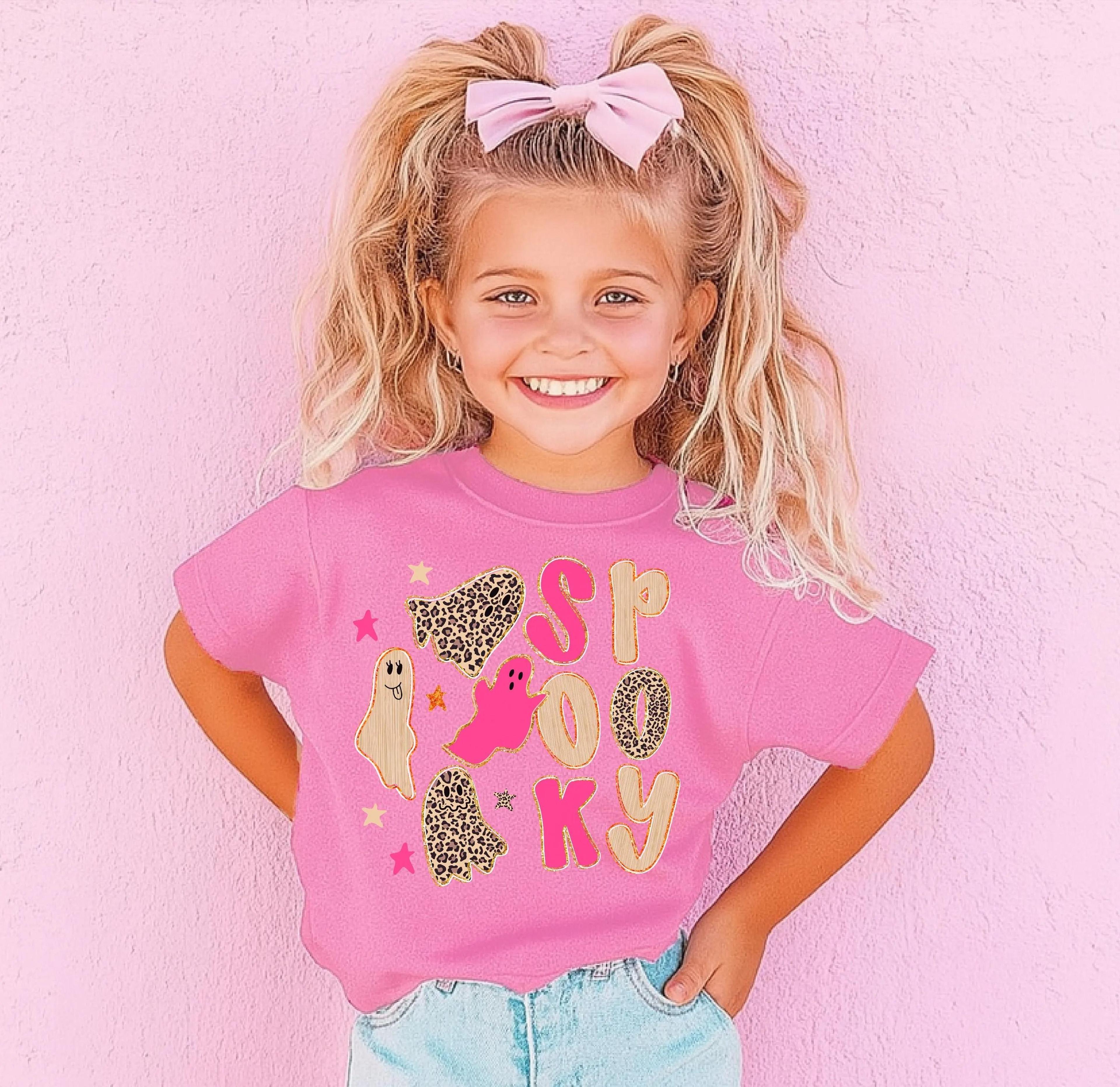 spooky girl halloween shirt, pink ghost toddler tee, cute leopard print halloween shirt, girls spooky season outfit