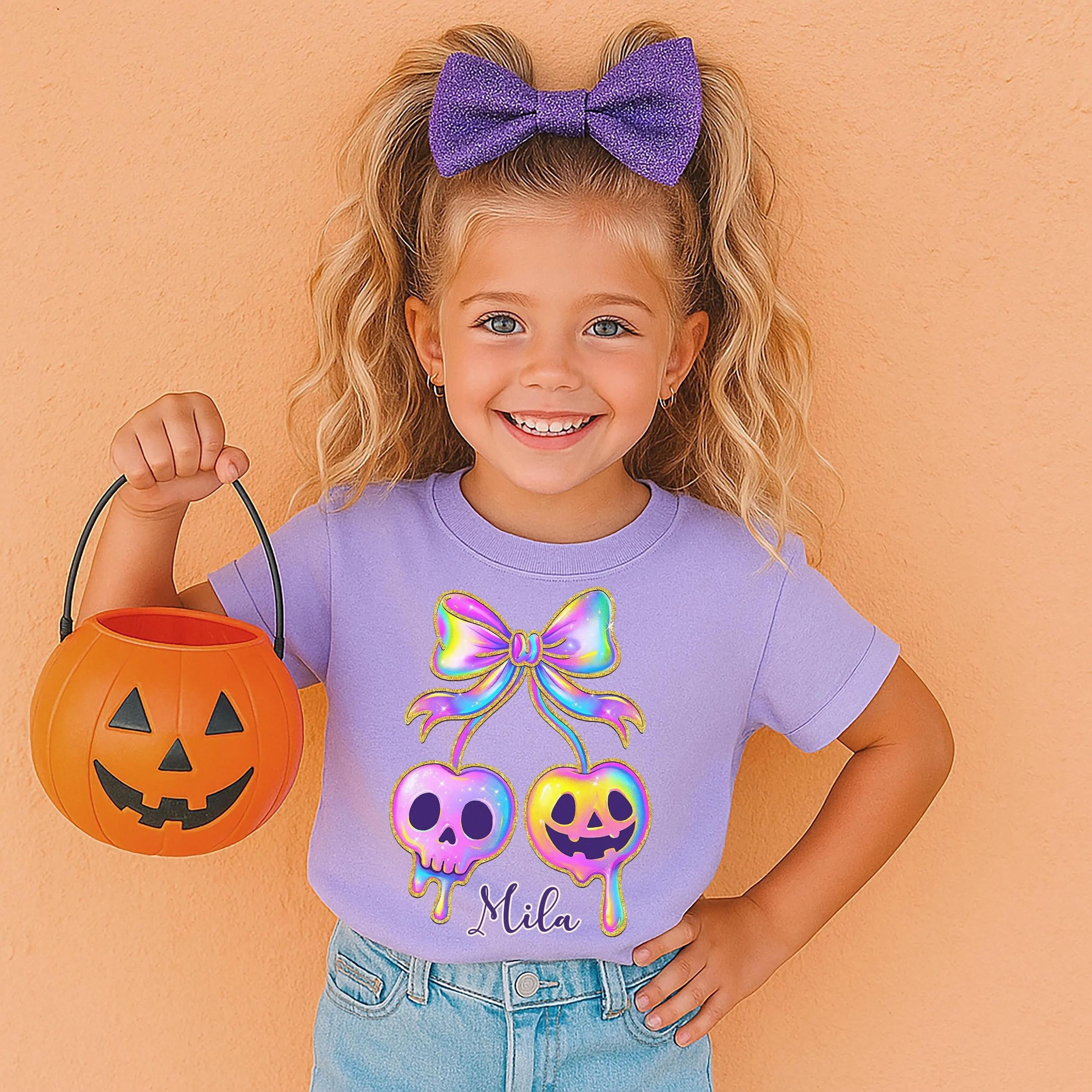 pastel halloween shirt for girls, coquette pumpkin tee, cute skull bow toddler shirt, personalized spooky season outfit