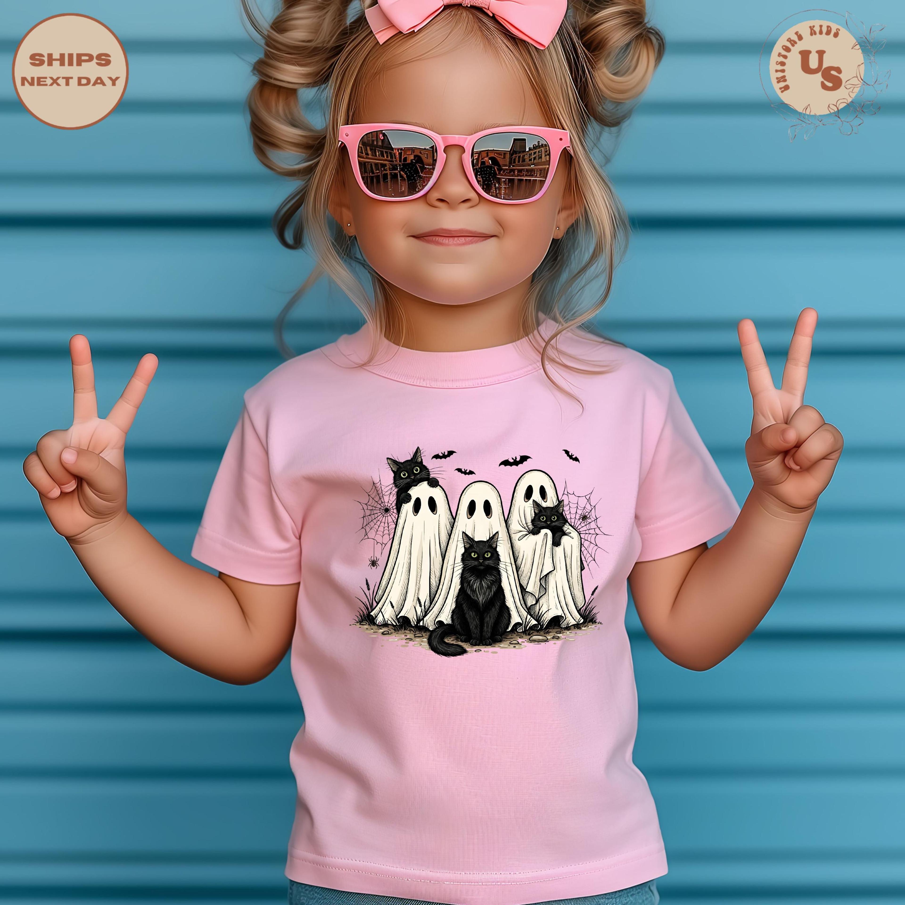 halloween cat toddler t-shirt, ghost and cat kids shirt, cute black cat halloween tee, spooky season toddler outfit, pum