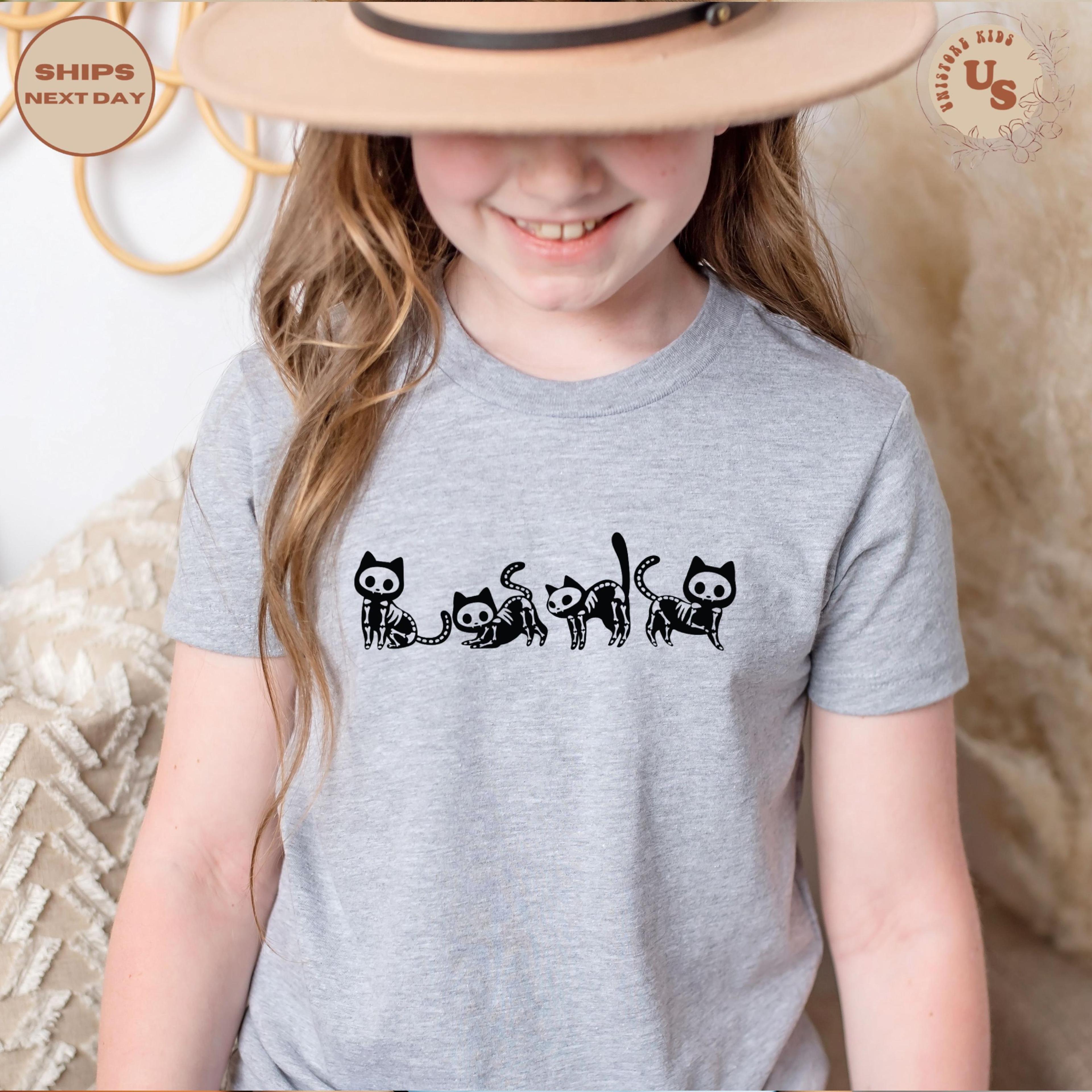 skeleton cat toddler t-shirt, halloween cat kids shirt, spooky black cat tee, cute halloween outfit, pumpkin patch shirt