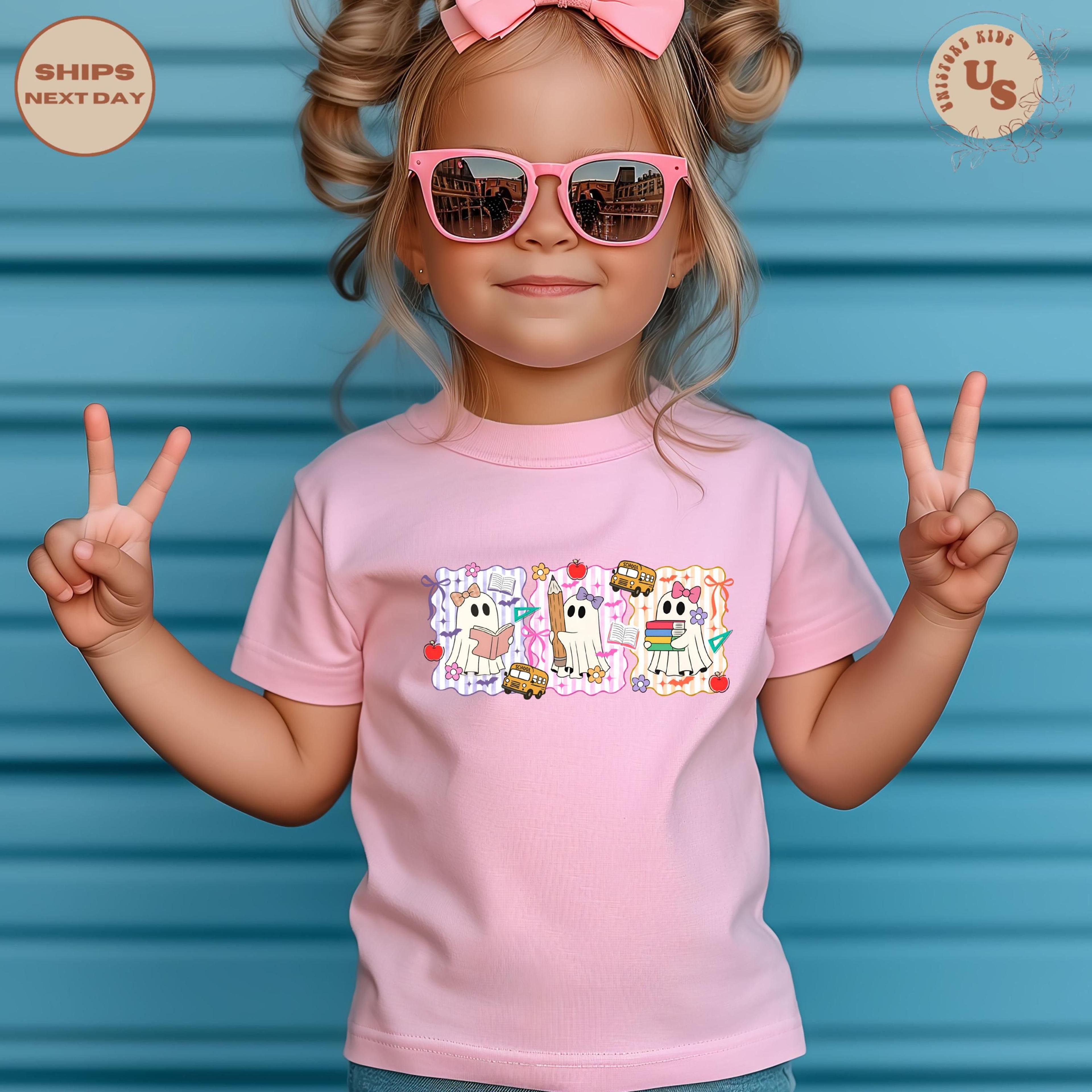 coquette ghost toddler t-shirt, cute halloween school shirt, pink bow ghost kids tee, spooky season outfit, pumpkin patc