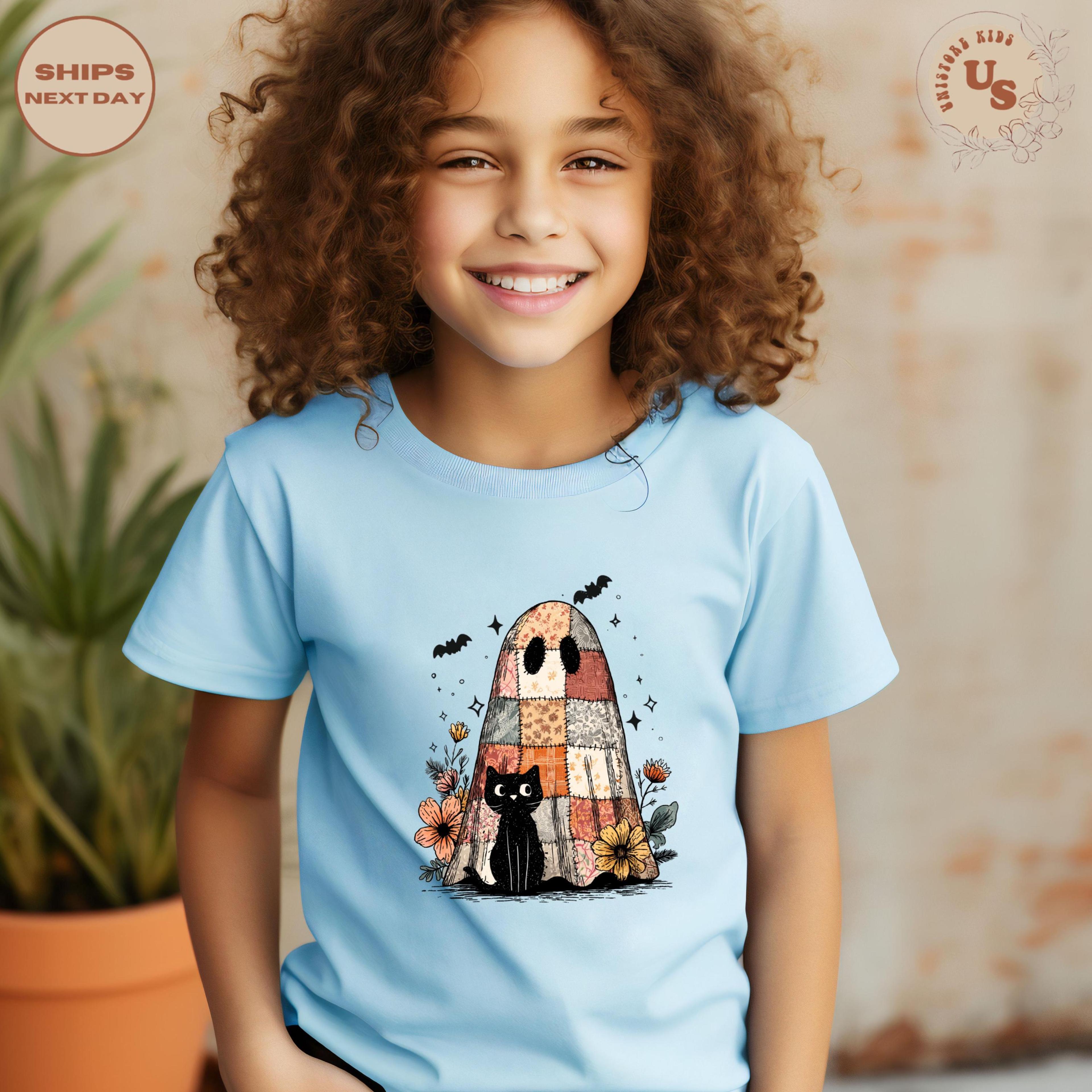 ghost and cat t-shirt, patchwork ghost shirt, black cat halloween tee, cute spooky season shirt, fall graphic tee