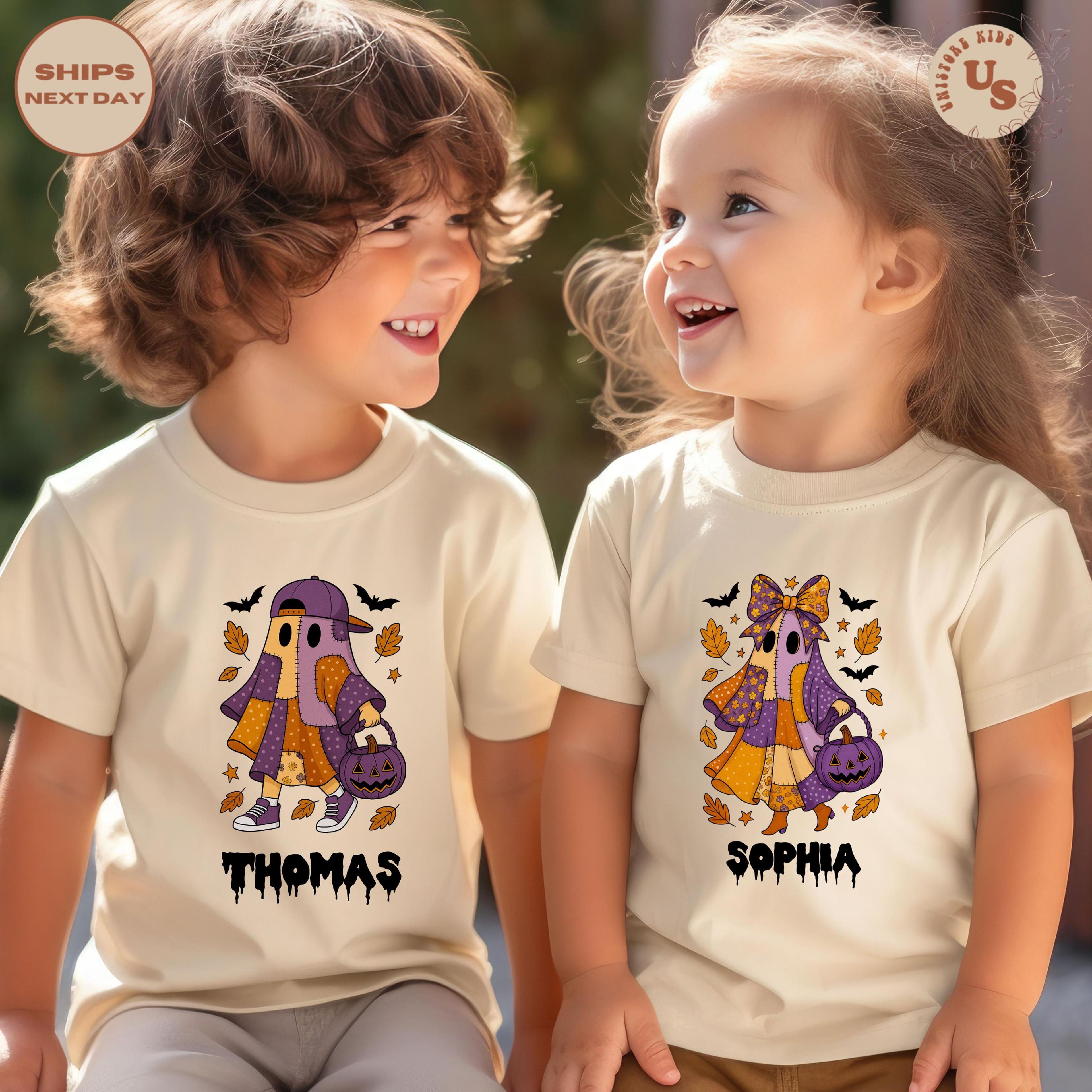 custom name patchwork ghost t-shirt, personalized halloween ghost shirt, cute boo tee, spooky season fall shirt