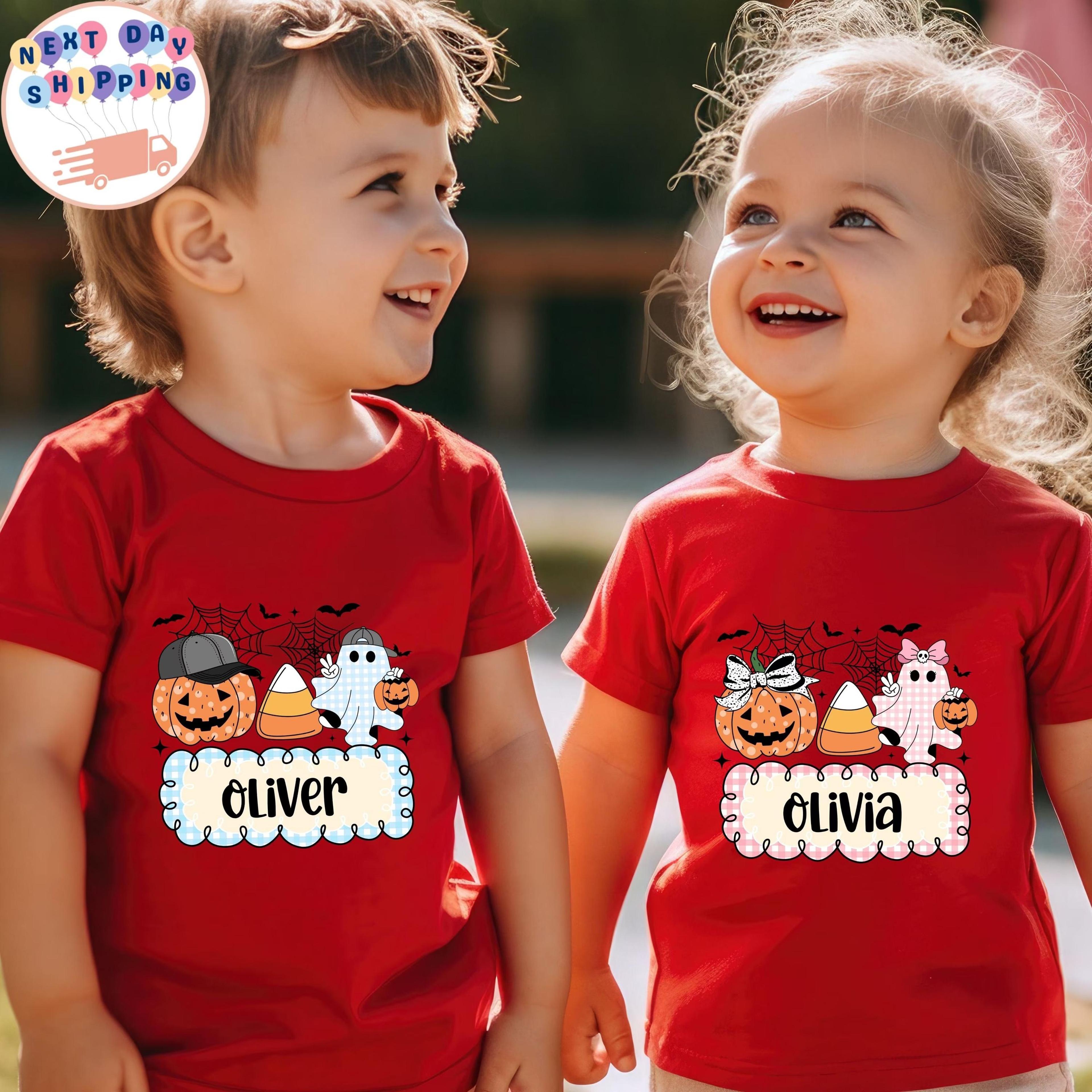 personalized kids halloween sweatshirt custom name ghost pumpkin shirt sibling matching spooky season crewneck