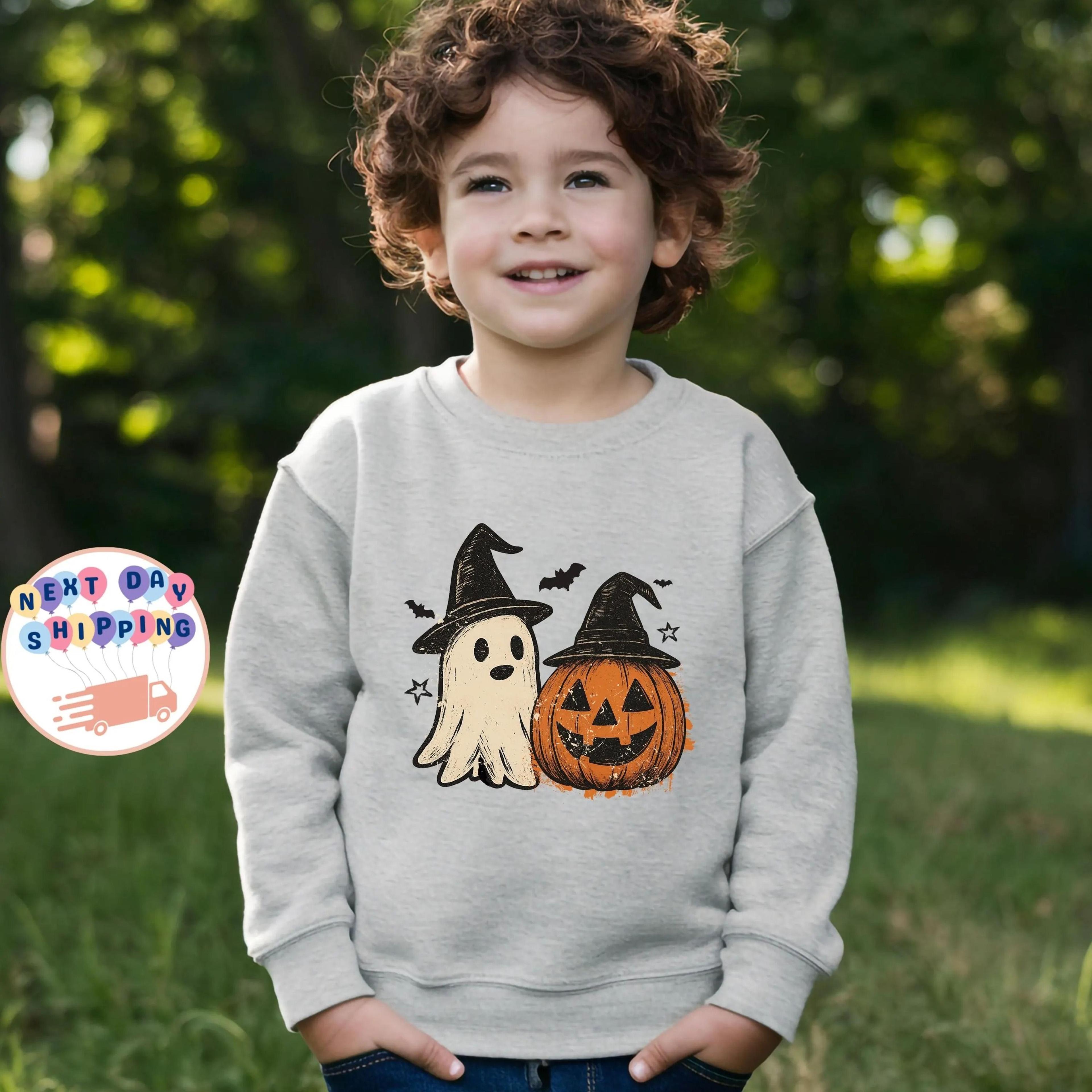 cute ghost pumpkin kids halloween sweatshirt spooky season toddler shirt fall ghost crewneck autumn outfit gift