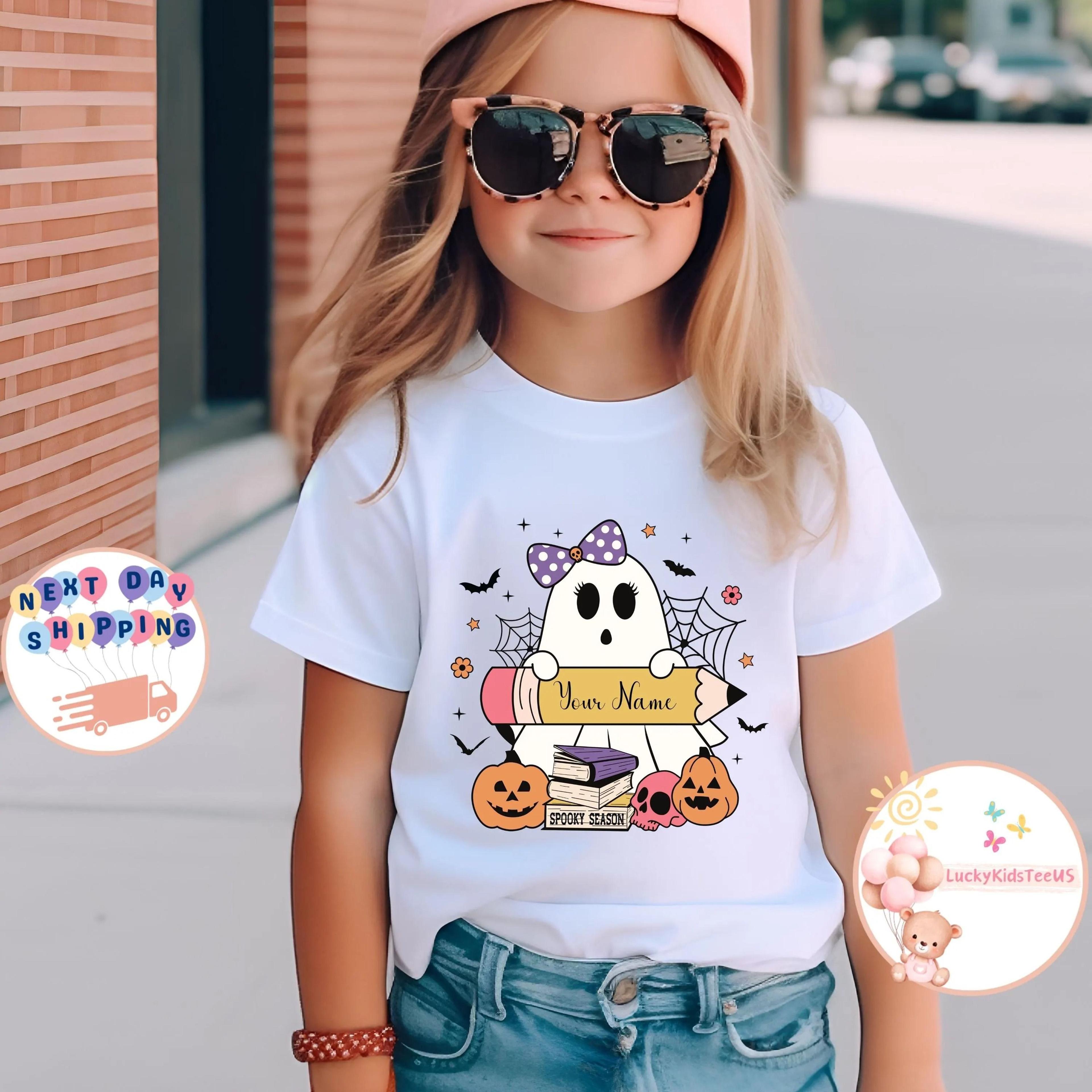 personalized ghost teacher halloween shirt custom name kids tee girl spooky school pumpkin back to school top