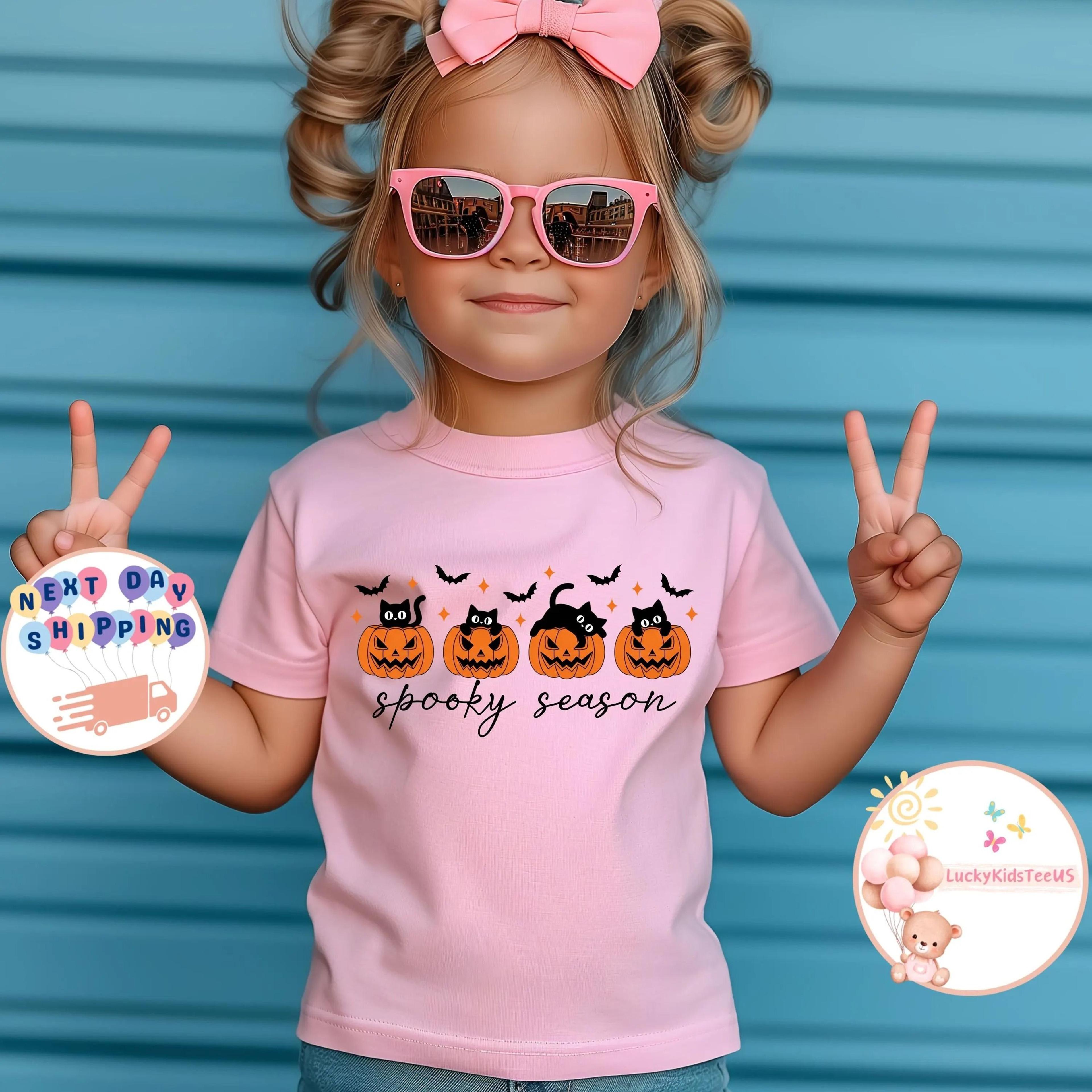 spooky season black cat pumpkin kids halloween shirt cute girl fall tee toddler spooky season outfit gift