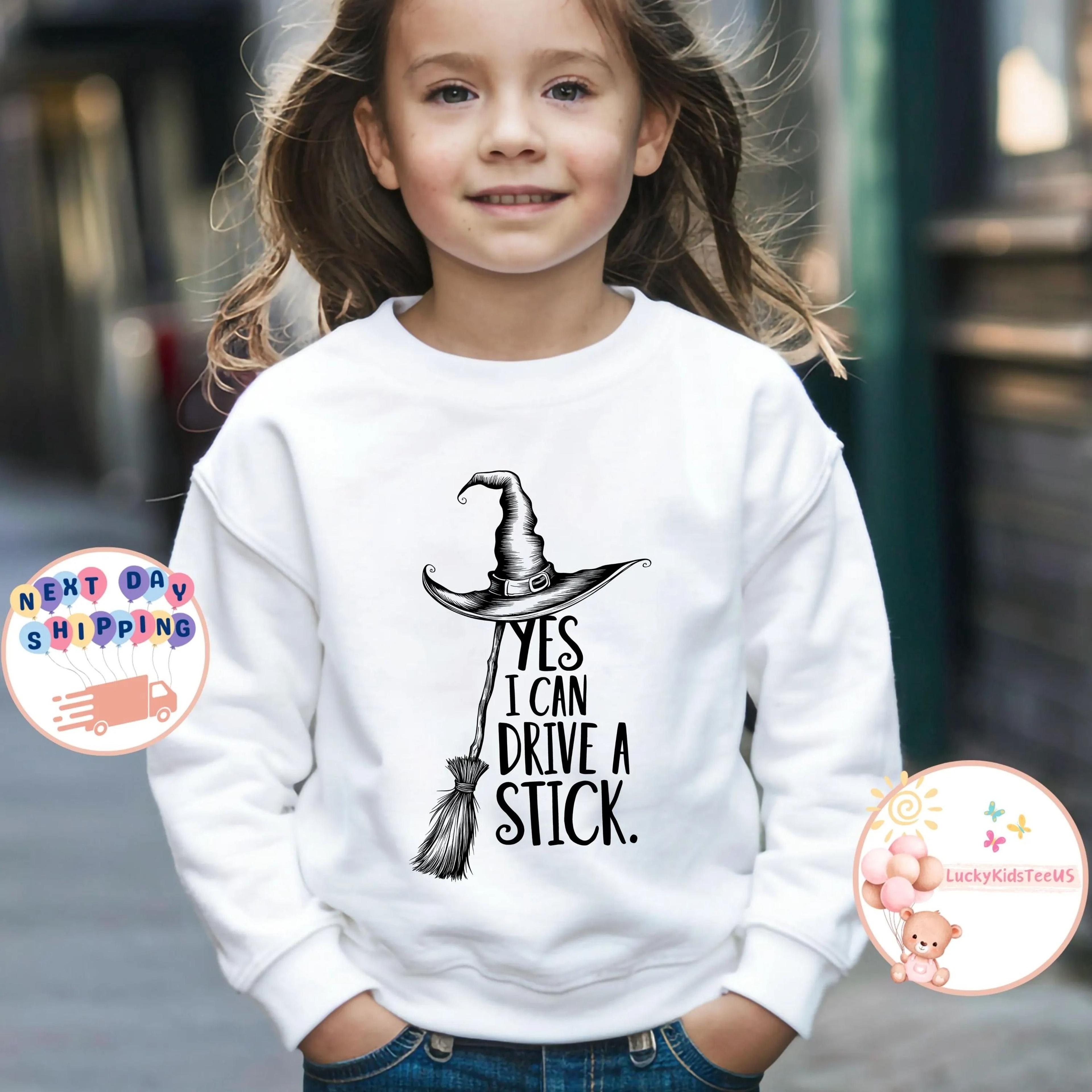 yes i can drive a stick kids sweatshirt funny halloween witch shirt toddler spooky season outfit cute fall gift