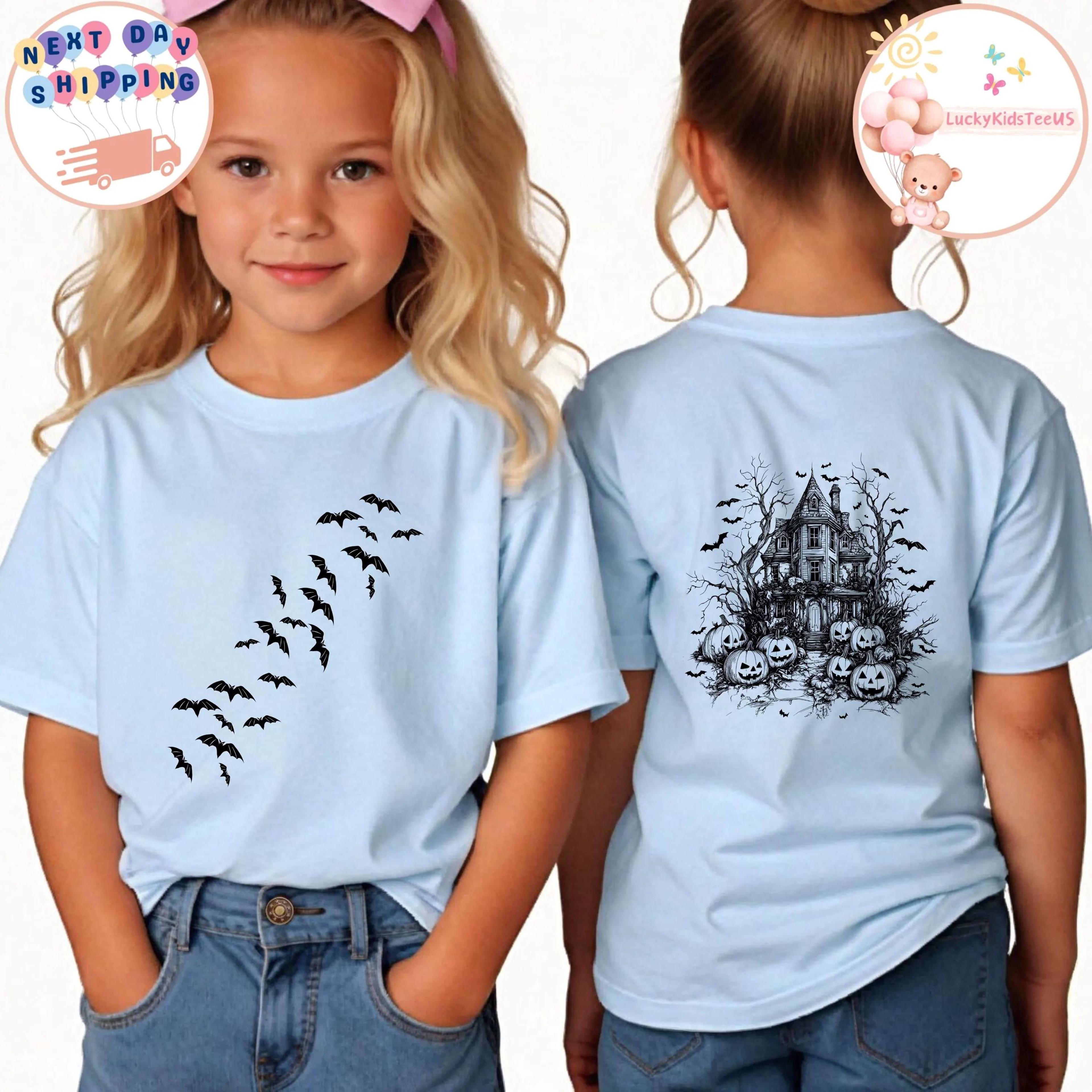 haunted house kids halloween shirt spooky bat back print tee cute ghost front shirt toddler fall outfit gift