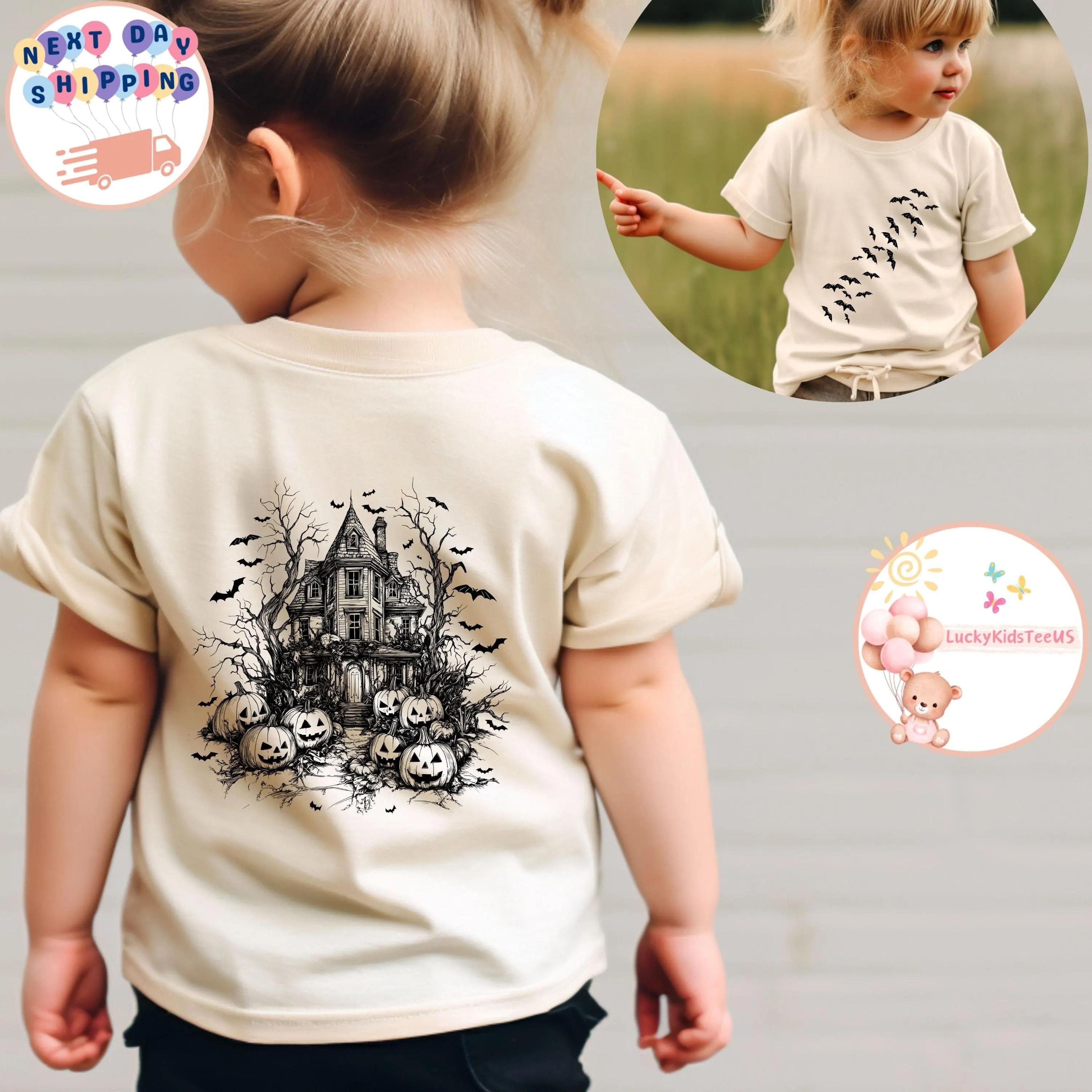 haunted house kids halloween shirt back print bat front tee toddler spooky season fall outfit pumpkin patch gift