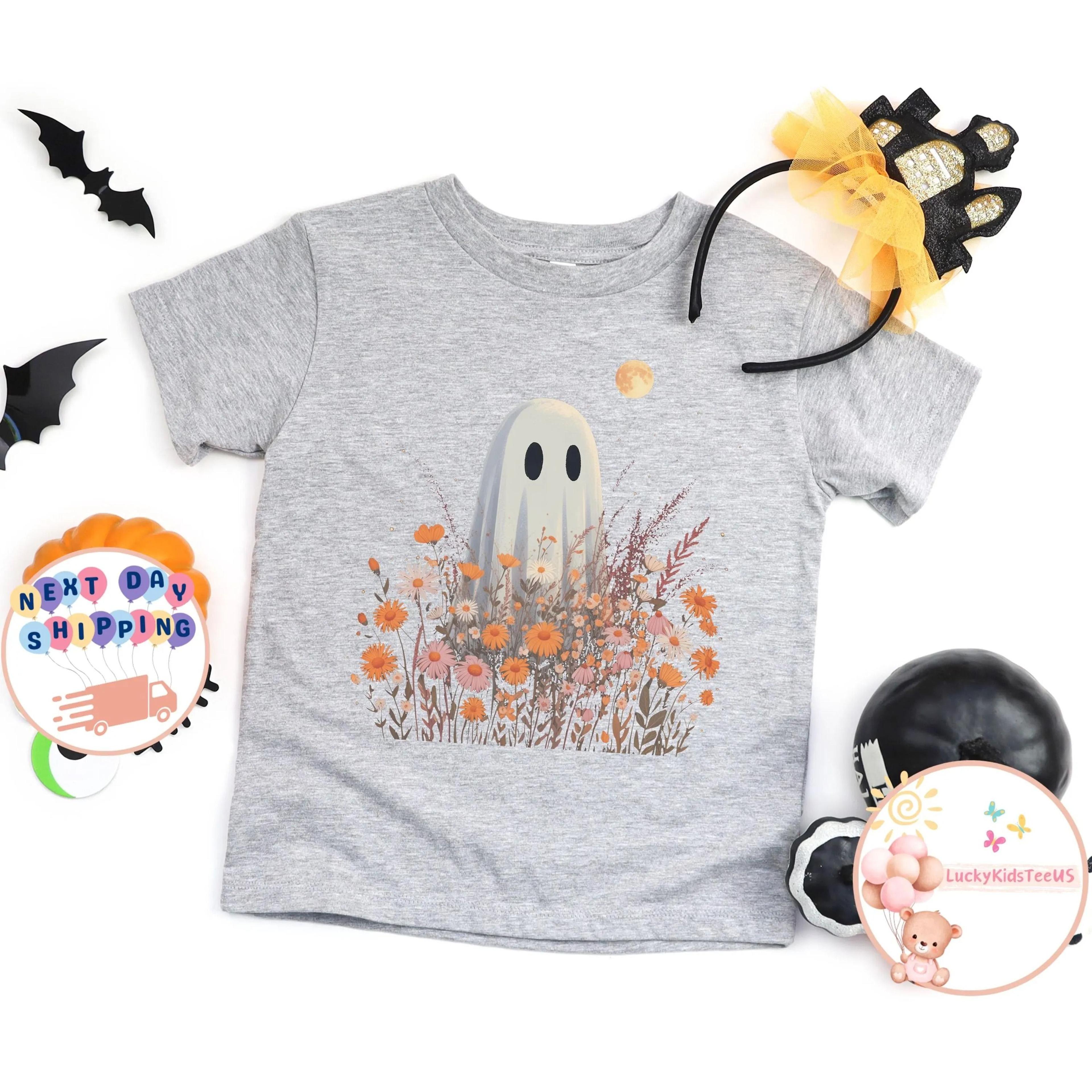 boho ghost kids shirt cute halloween ghost tee floral ghost toddler shirt spooky season kids fall outfit autumn shirt