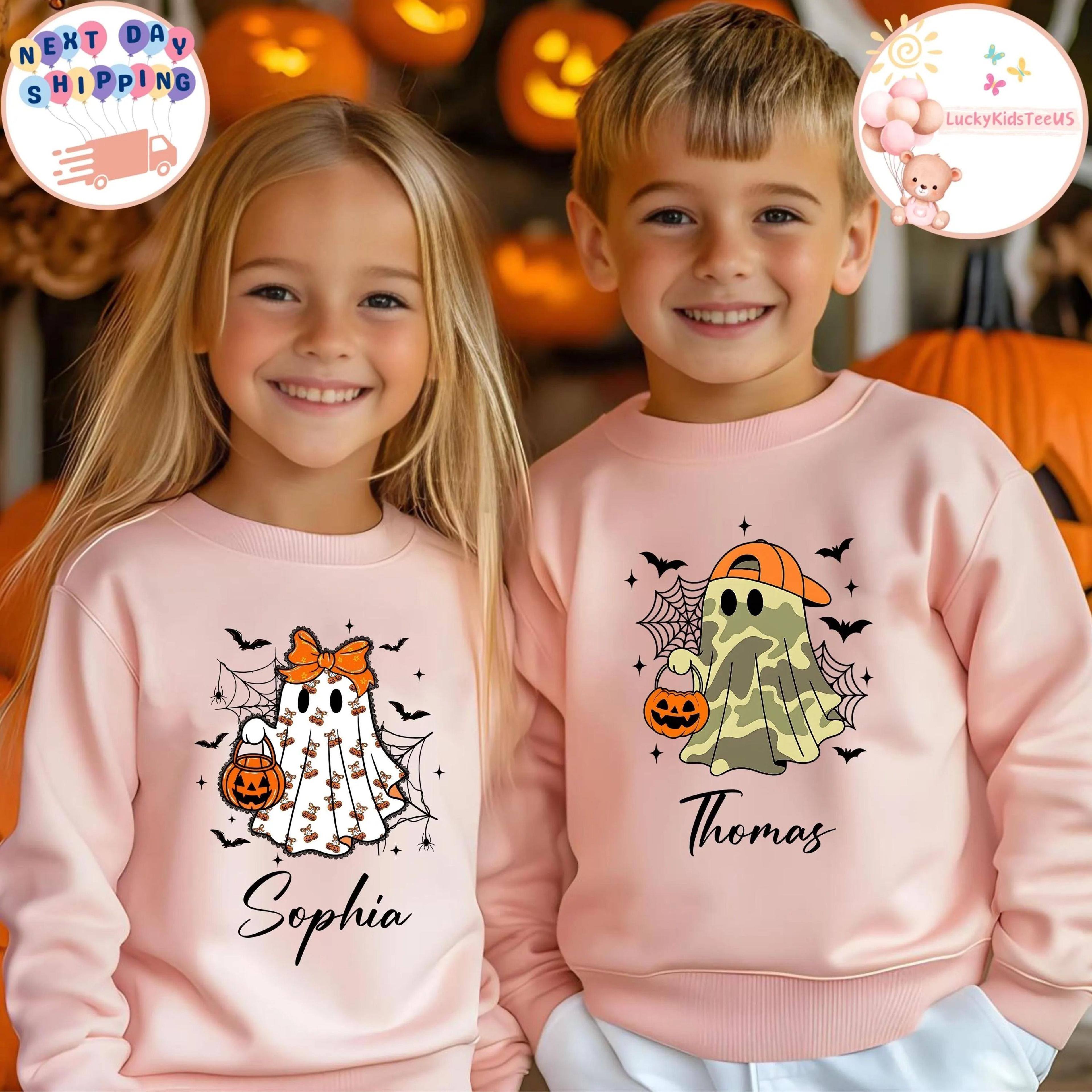 personalized sibling halloween sweatshirts custom ghost kids sweatshirt brother sister matching spooky season outfit