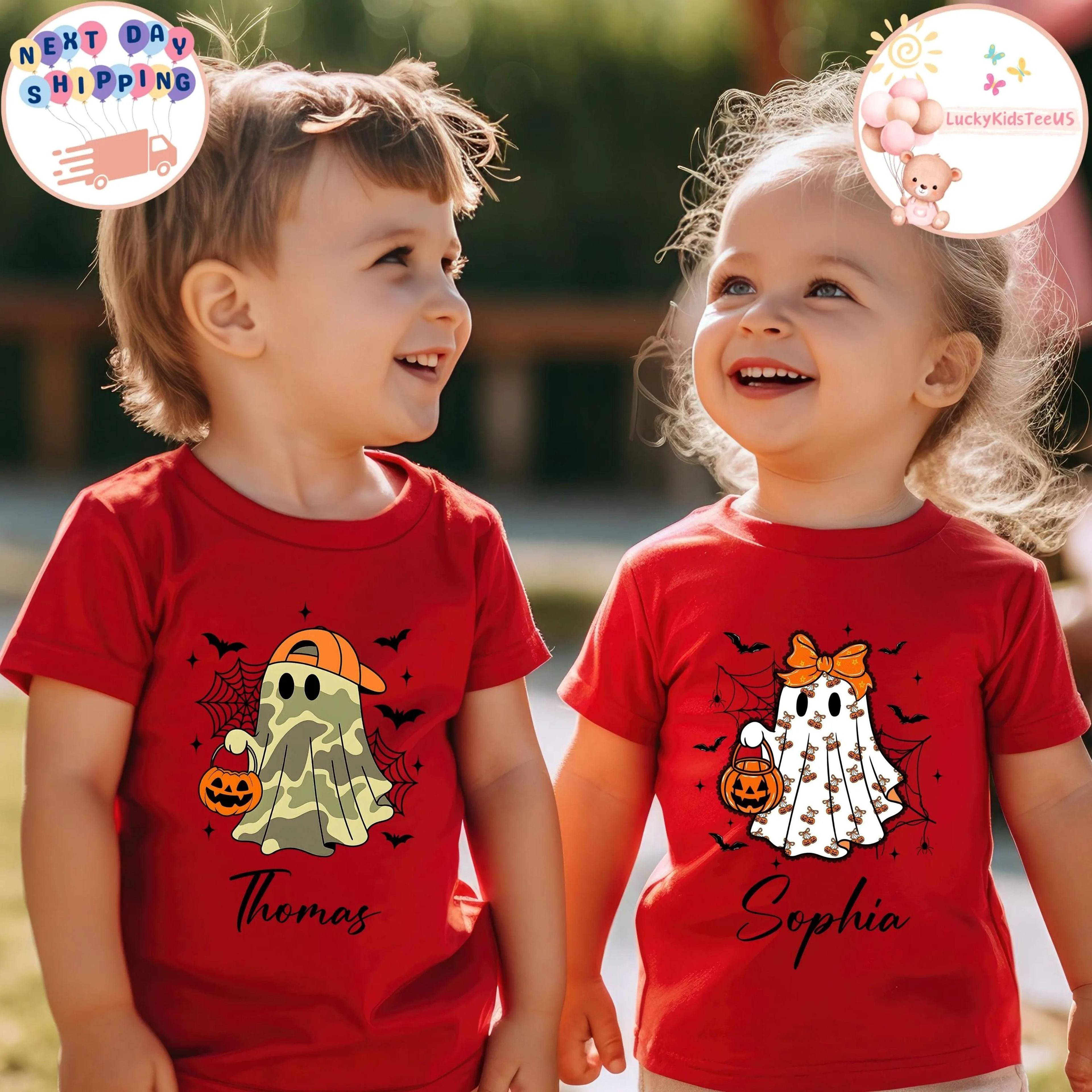 personalized sibling halloween shirts, brother sister matching ghost shirts, custom kids spooky season family tee