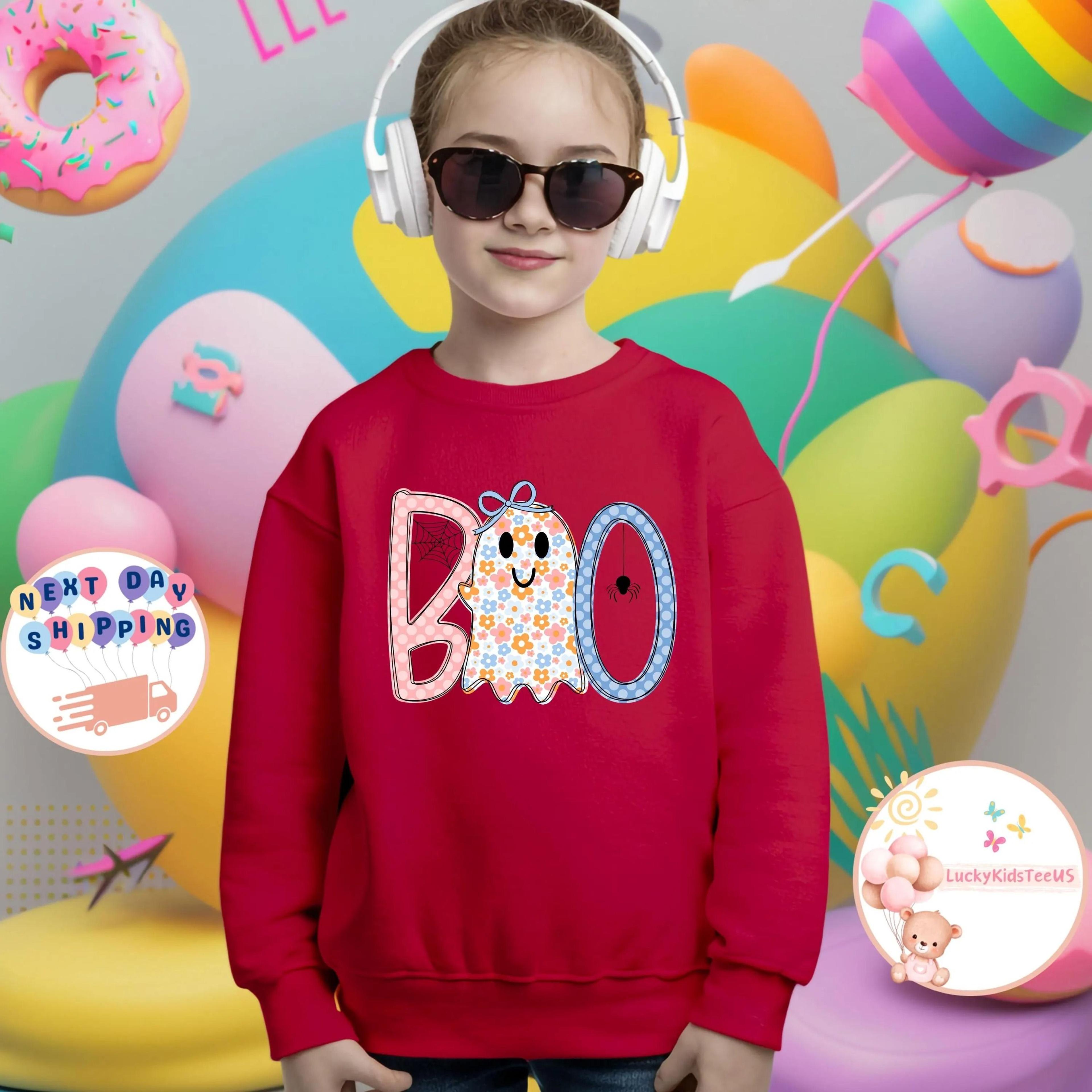 cute floral ghost boo sweatshirt kids halloween shirt toddler spooky season pullover fall ghost girl outfit