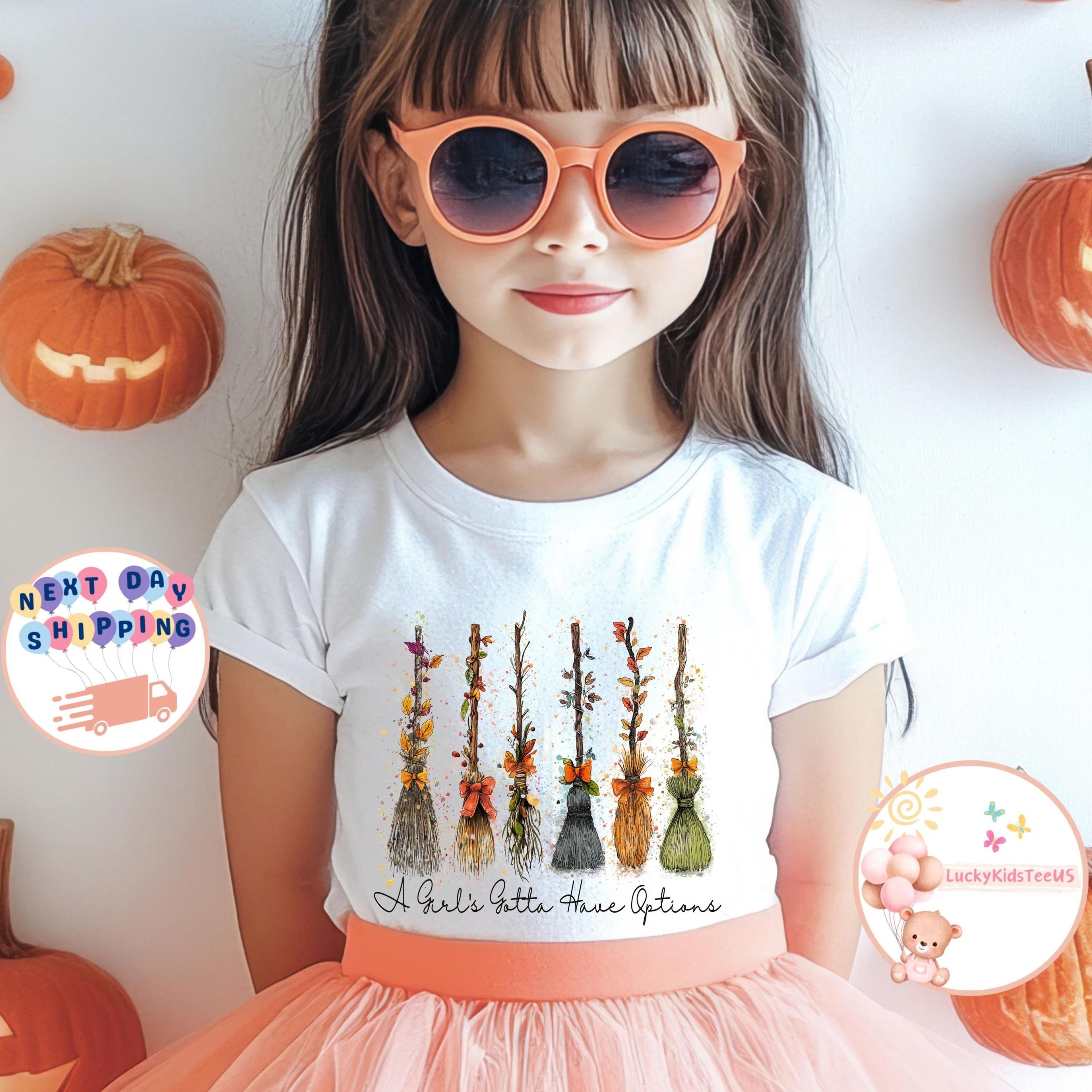 girls witch broom halloween shirt a girls gotta have options tee cute spooky season kids fall witch outfit