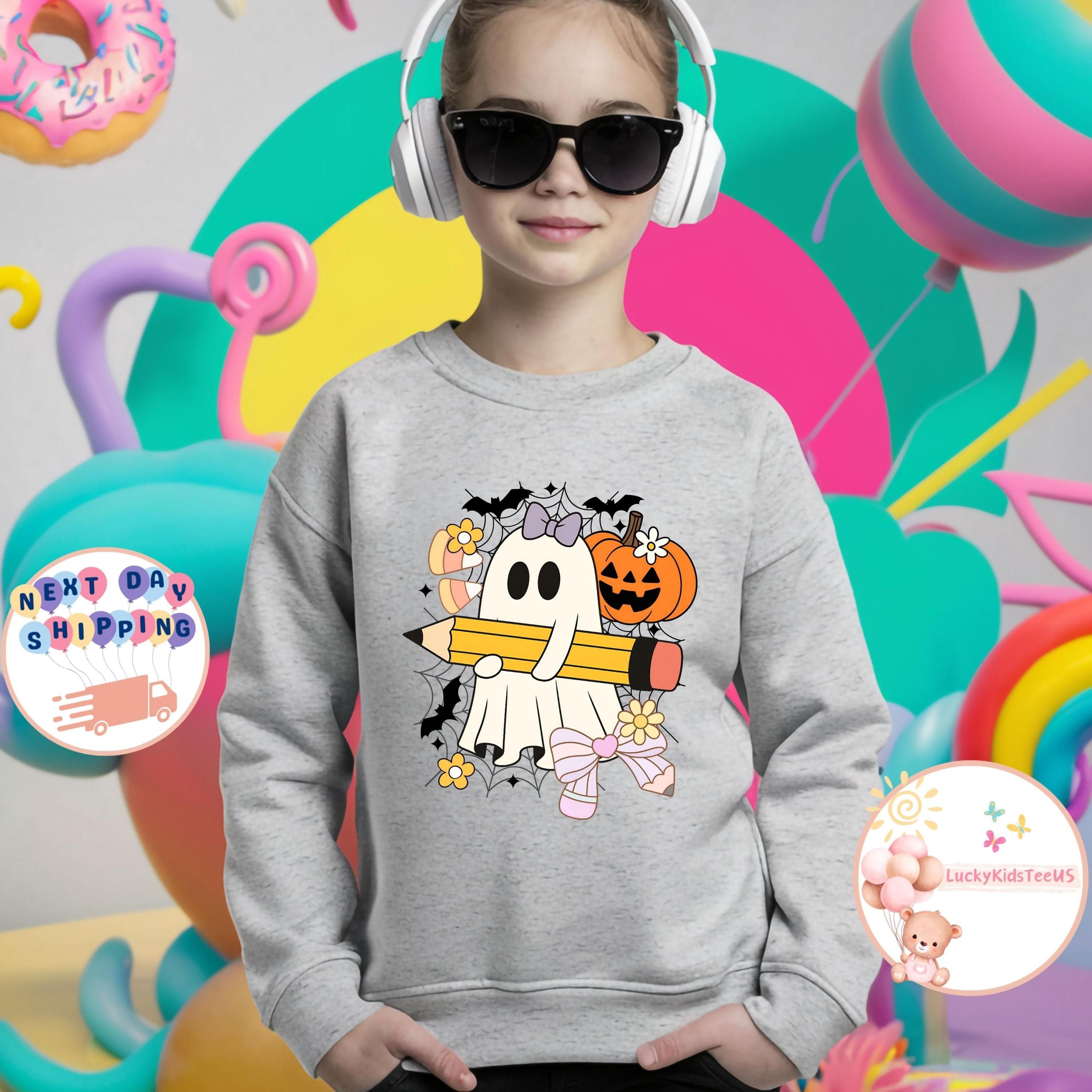 cute ghost back to school halloween shirt, girls spooky school tee, boo pumpkin pencil shirt, kids fall outfit
